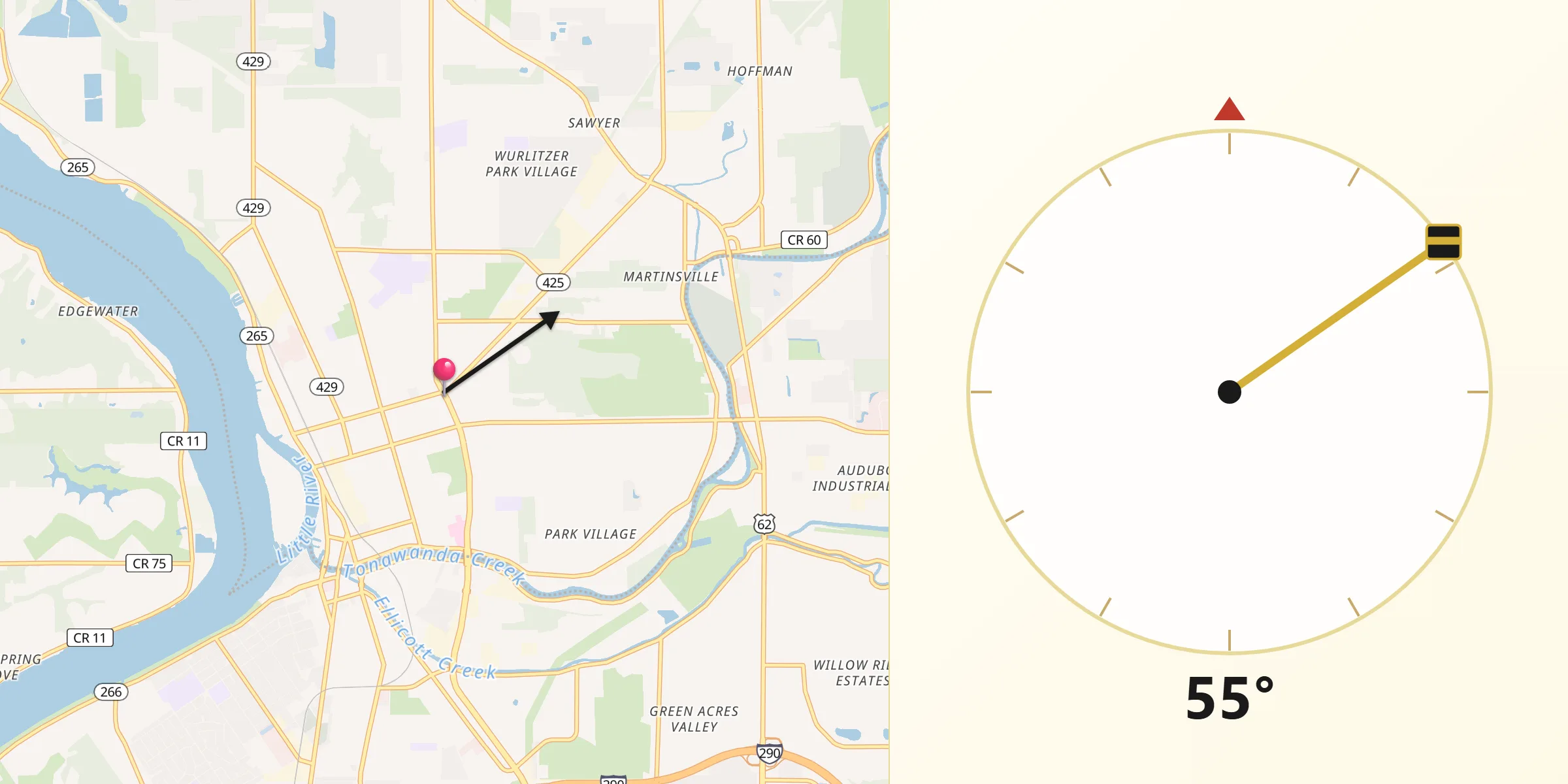 Qibla Direction from North Tonawanda