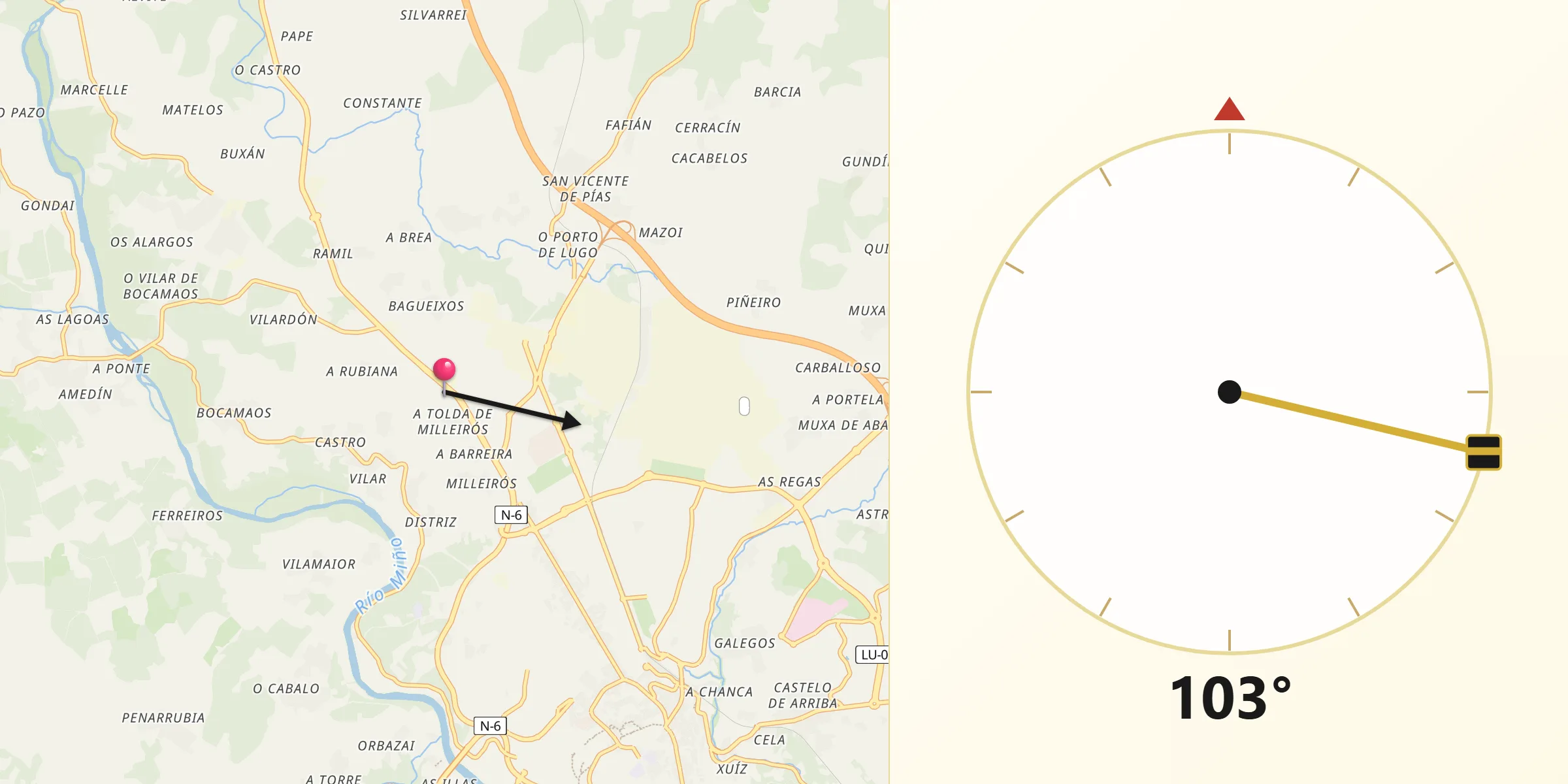 Dirección de la Qibla desde Guntín