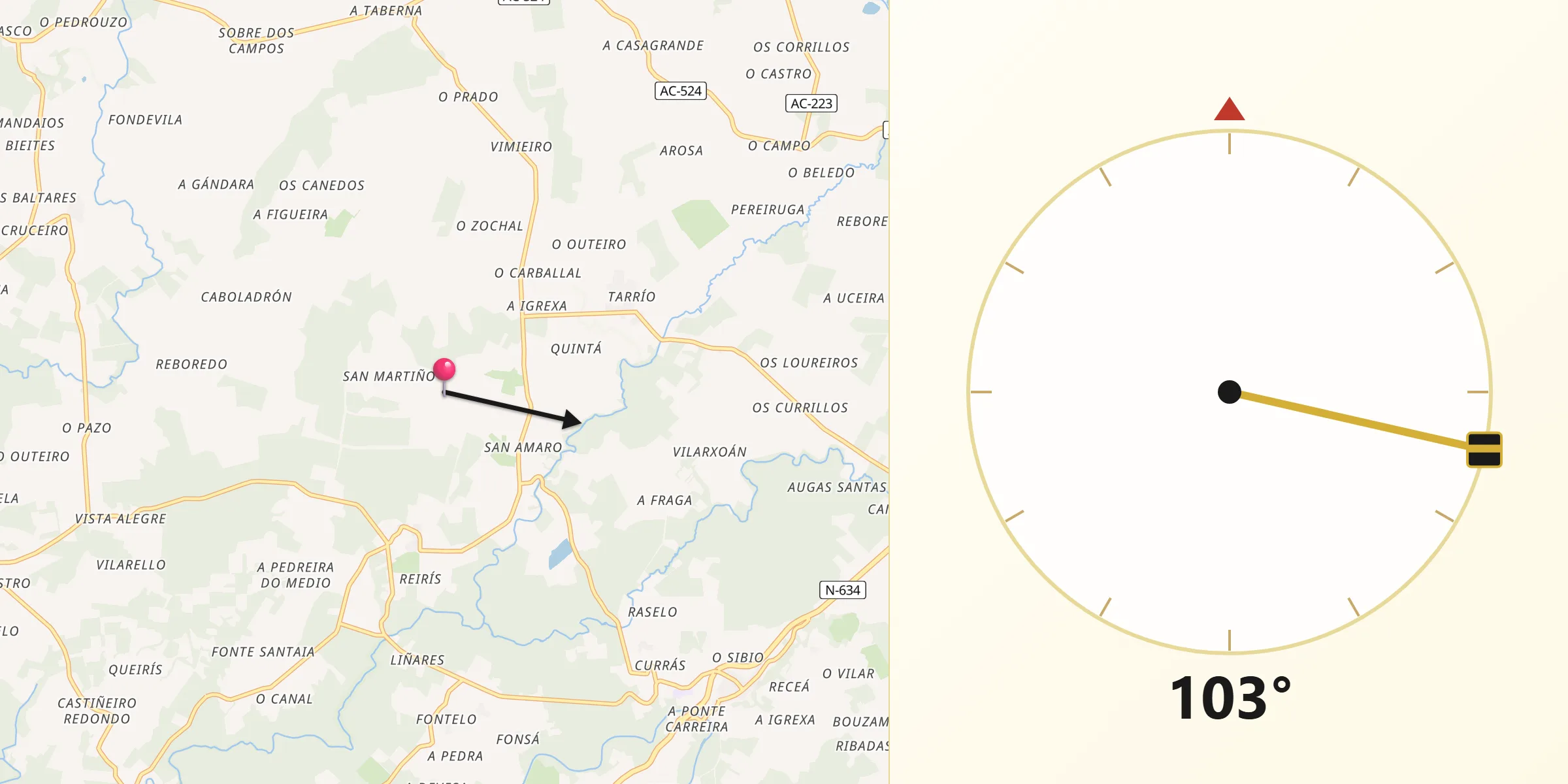 Dirección de la Qibla desde Frades