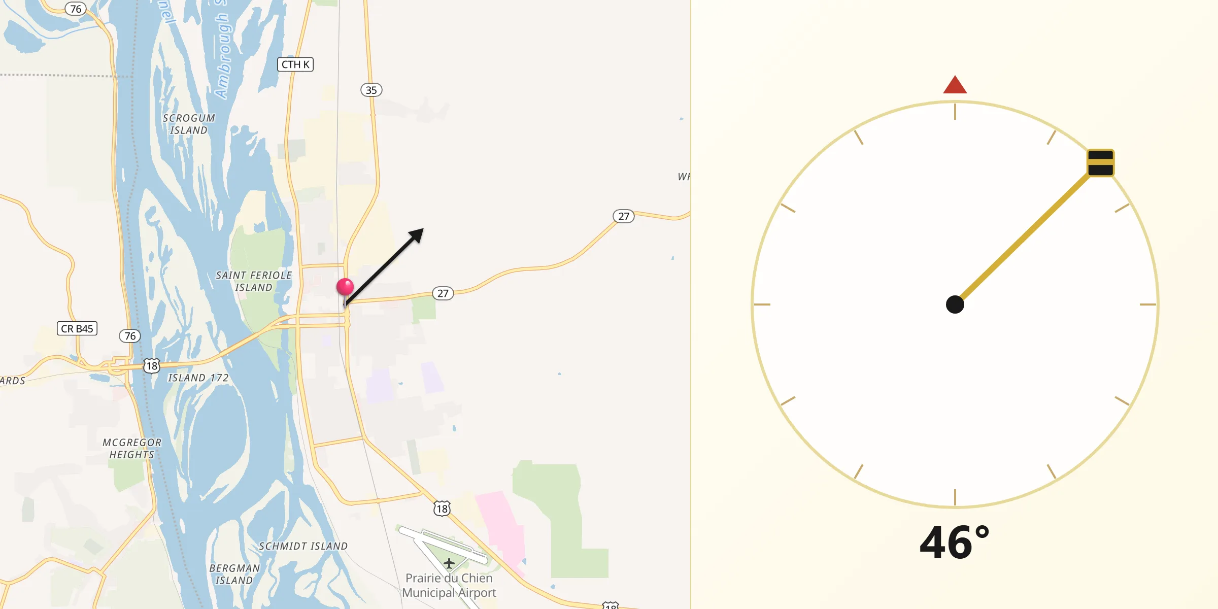 Qibla Direction from Prairie du Chien
