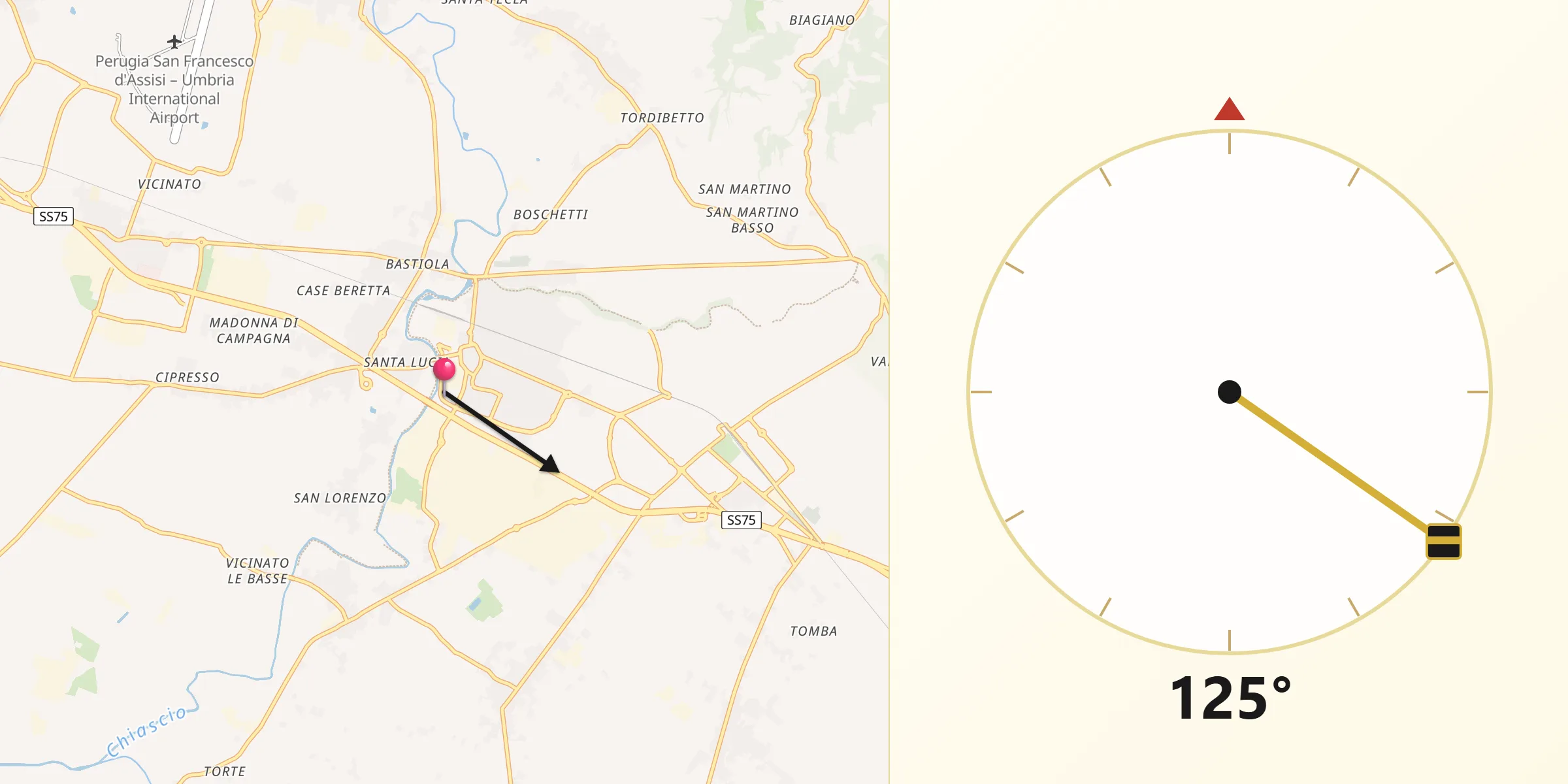 Direzione della Qibla da Bastia umbra