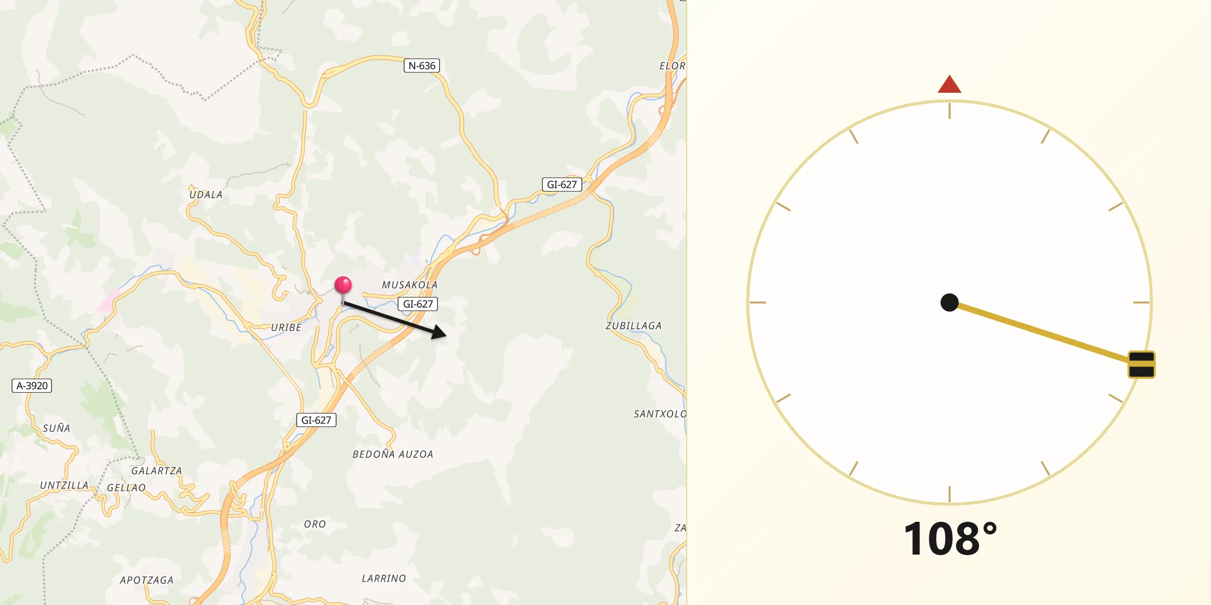 Dirección de la Qibla desde Arrasate/Mondragón