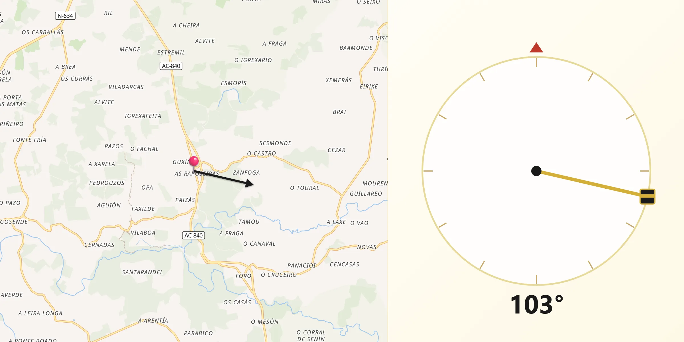 Dirección de la Qibla desde Vilasantar