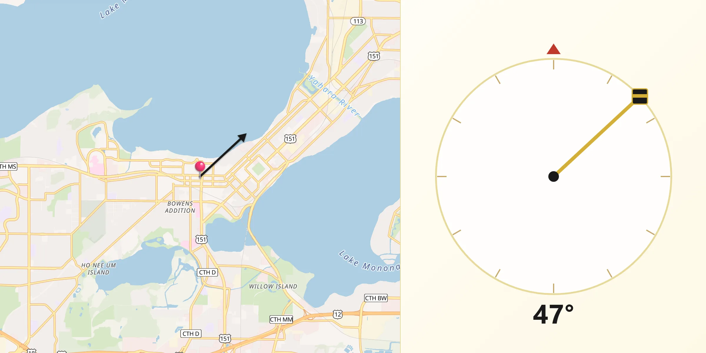 Dirección de la Qibla desde Madison