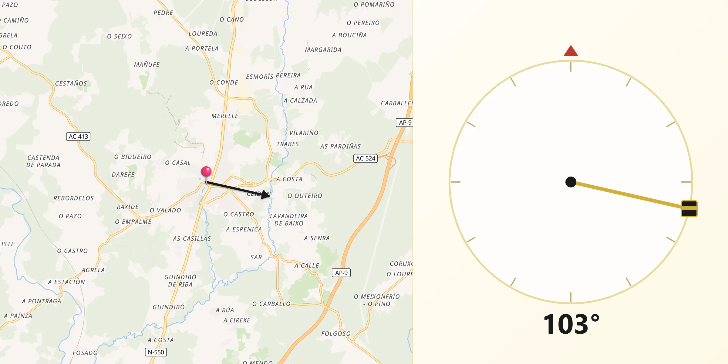 Dirección de la Qibla desde Ordes