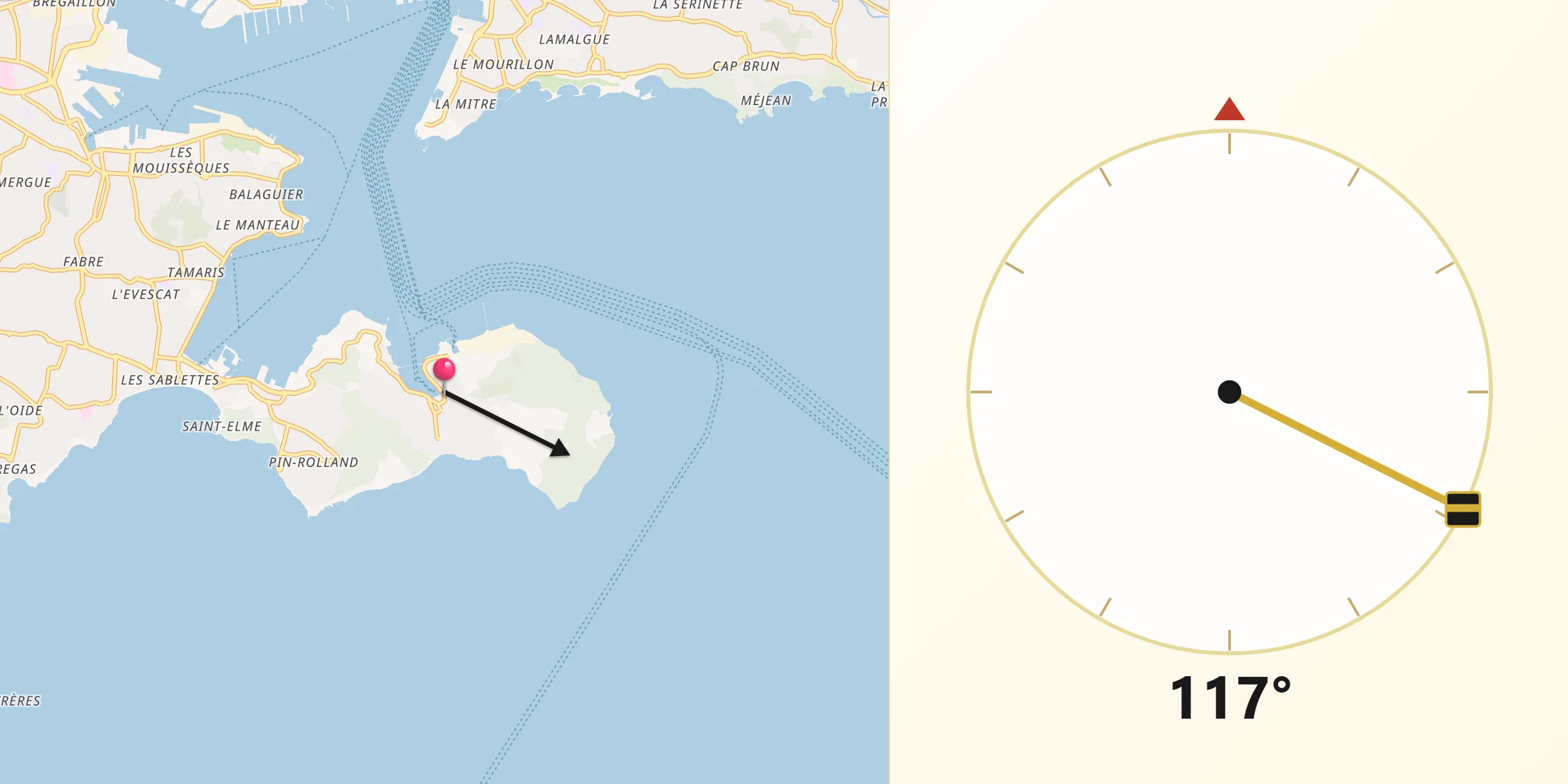 Direction vers la Qibla depuis Saint-Mandrier-sur-Mer