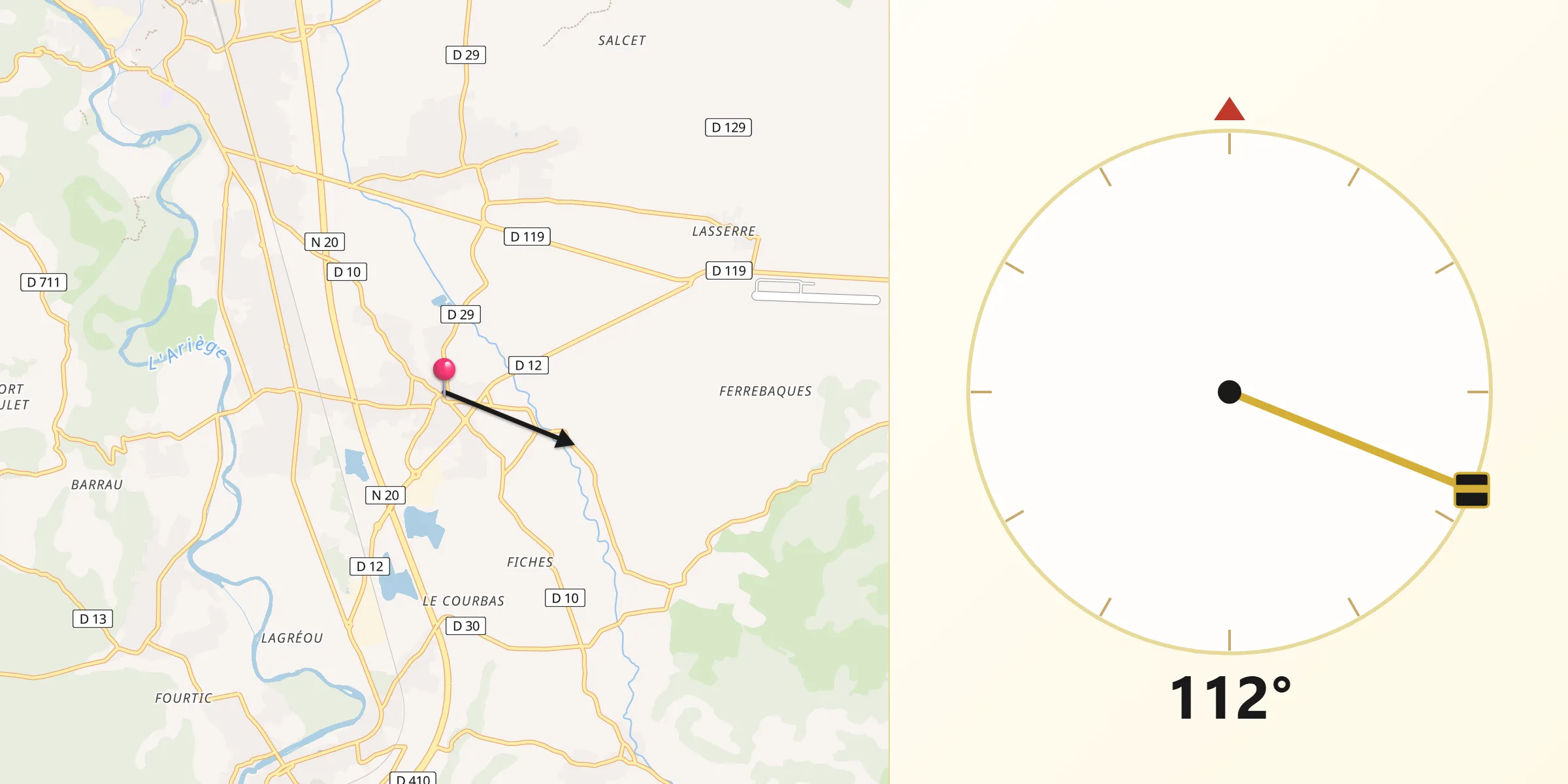 Direction vers la Qibla depuis Verniolle