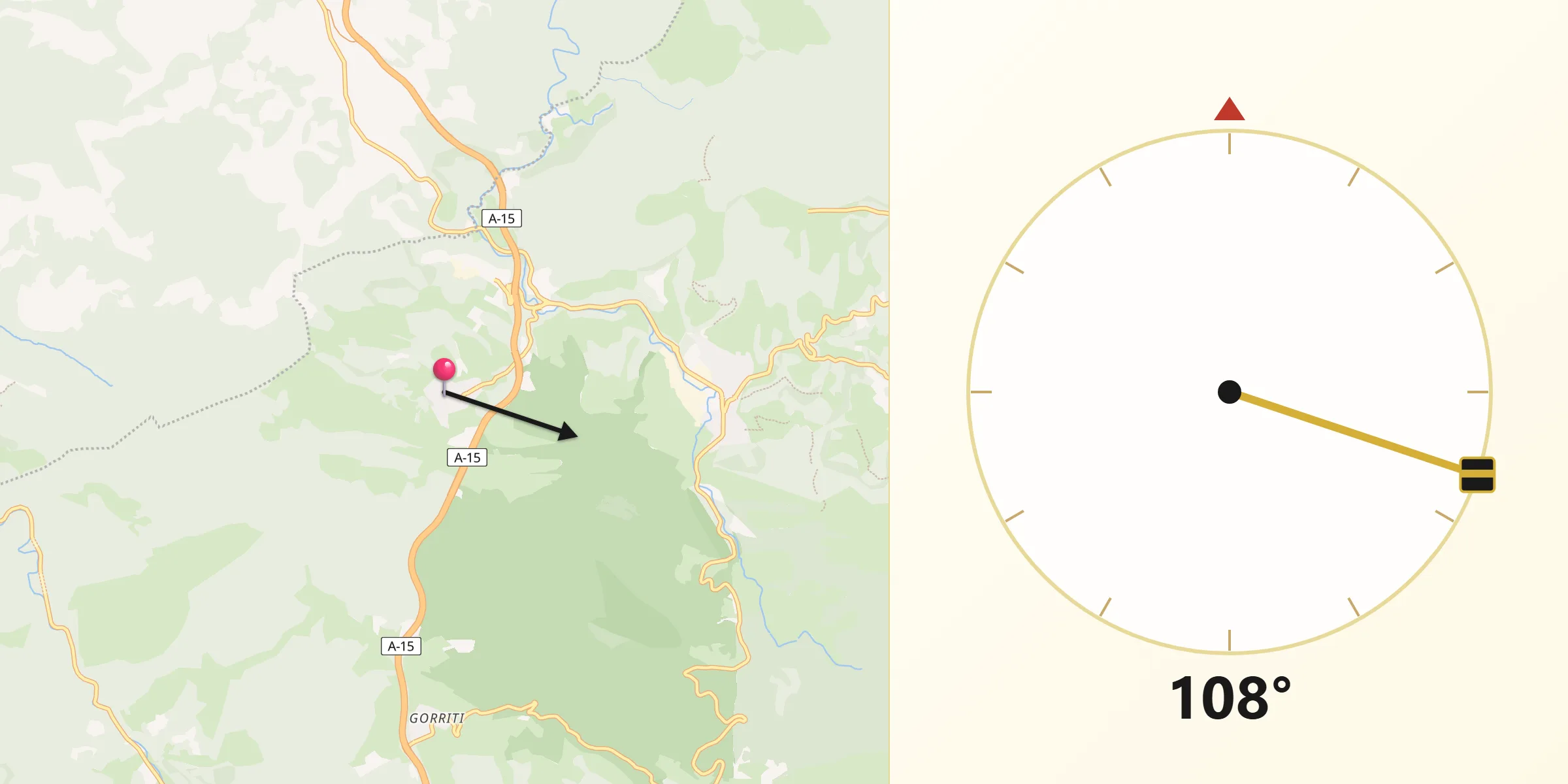 Dirección de la Qibla desde Areso