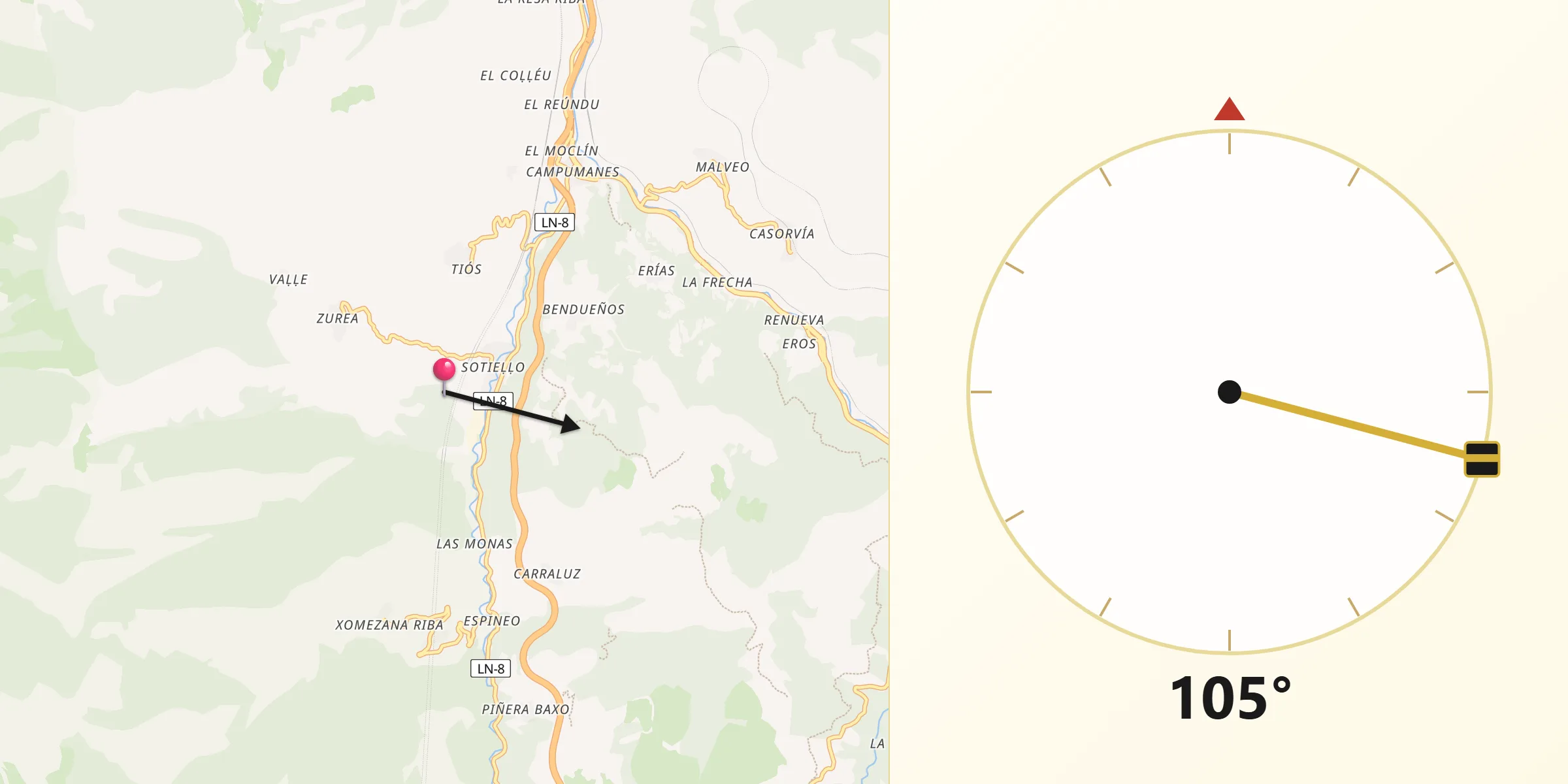 Dirección de la Qibla desde Lena