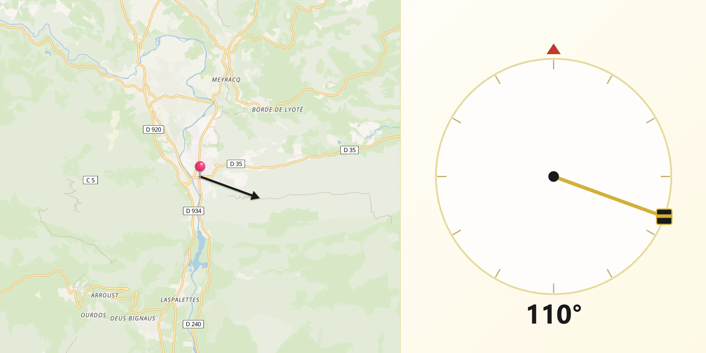 Direction vers la Qibla depuis Louvie-Juzon