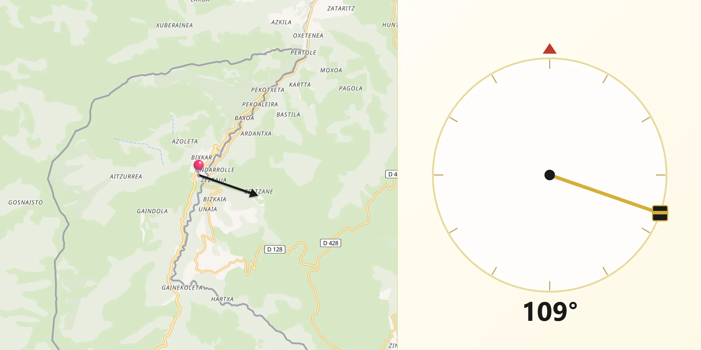 Dirección de la Qibla desde Luzaide/Valcarlos