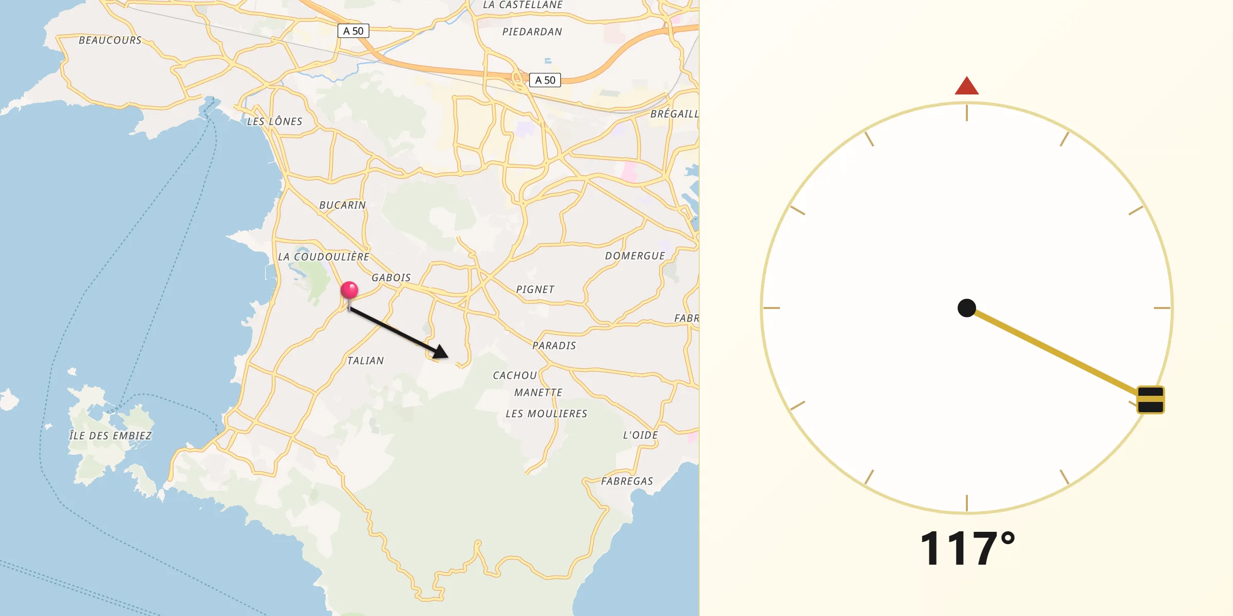 Direction vers la Qibla depuis Six-Fours-les-Plages