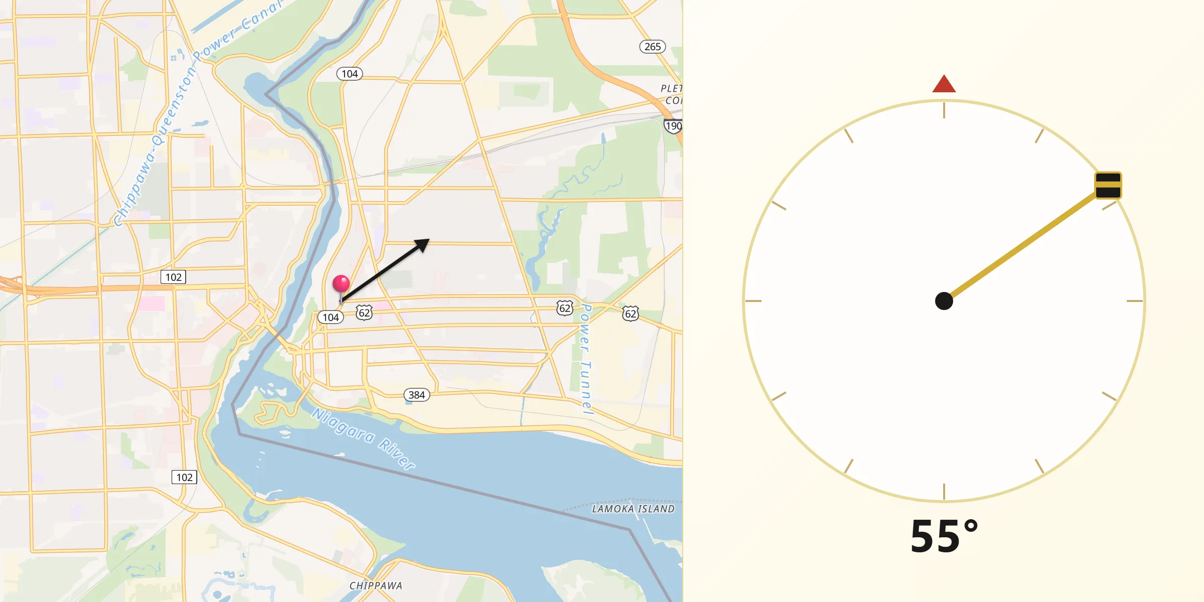 Qibla Direction from Niagara Falls