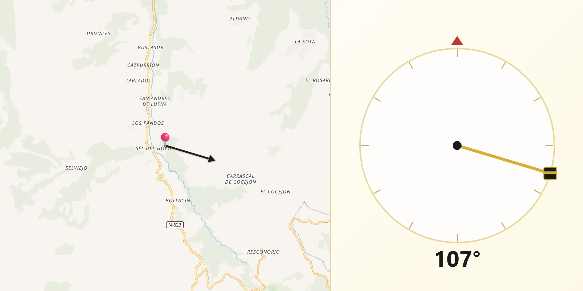 Dirección de la Qibla desde Luena