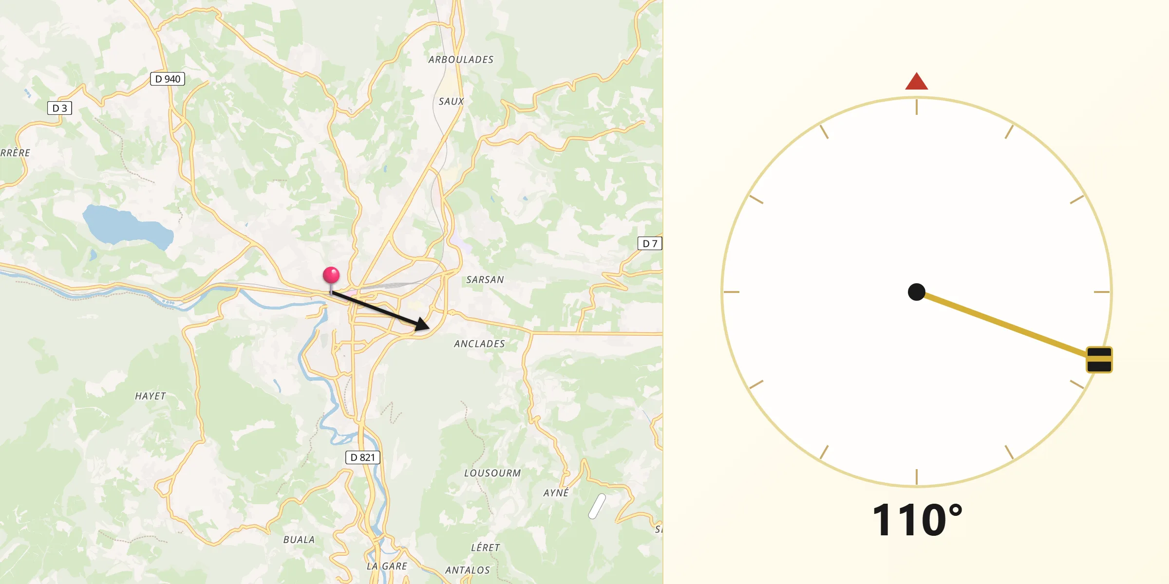 Direction vers la Qibla depuis Lourdes
