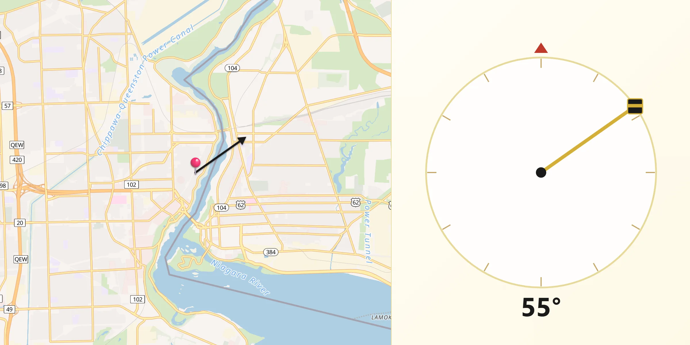 Qibla Direction from Niagara Falls