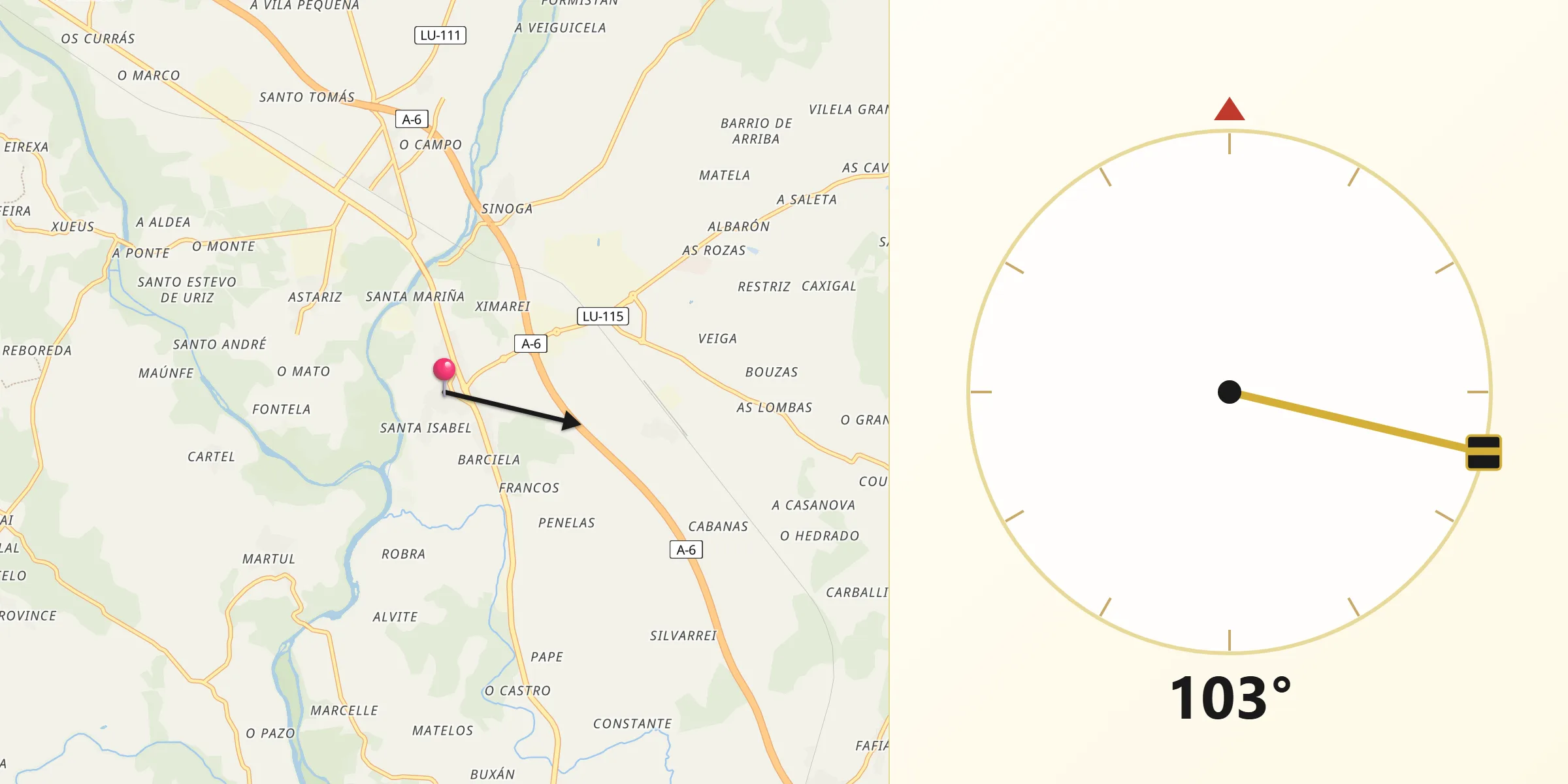 Dirección de la Qibla desde Outeiro de Rei