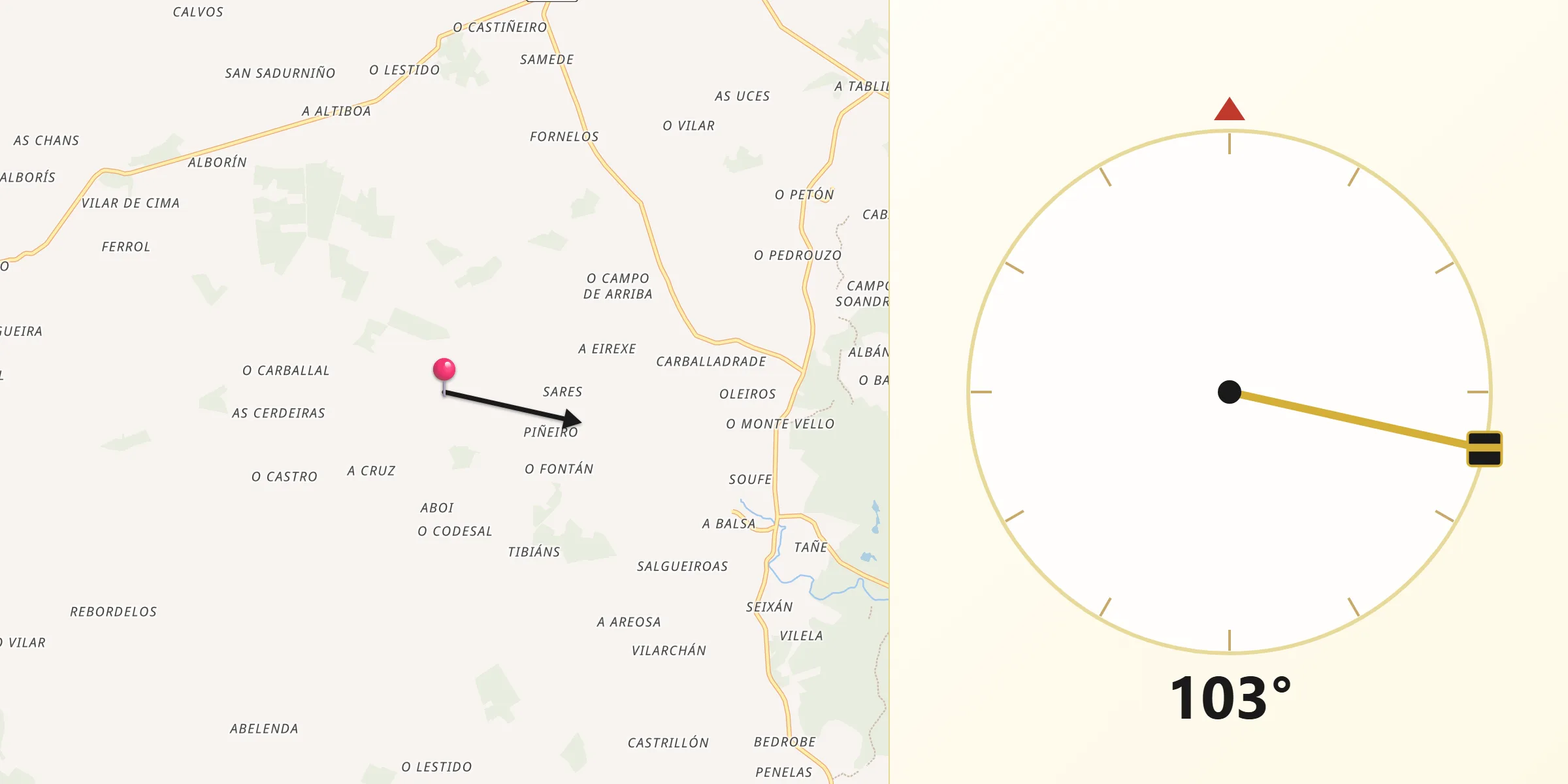 Dirección de la Qibla desde Tordoia