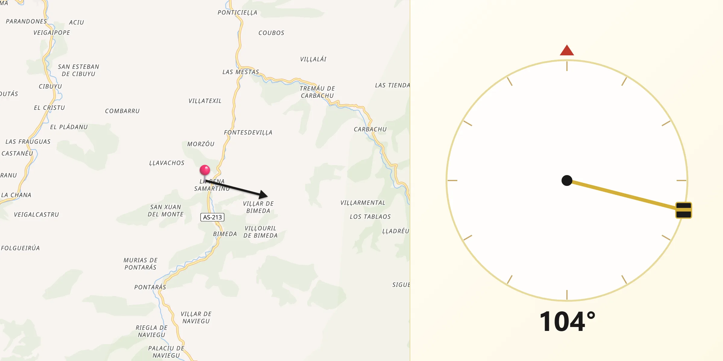 Dirección de la Qibla desde Cangas del Narcea