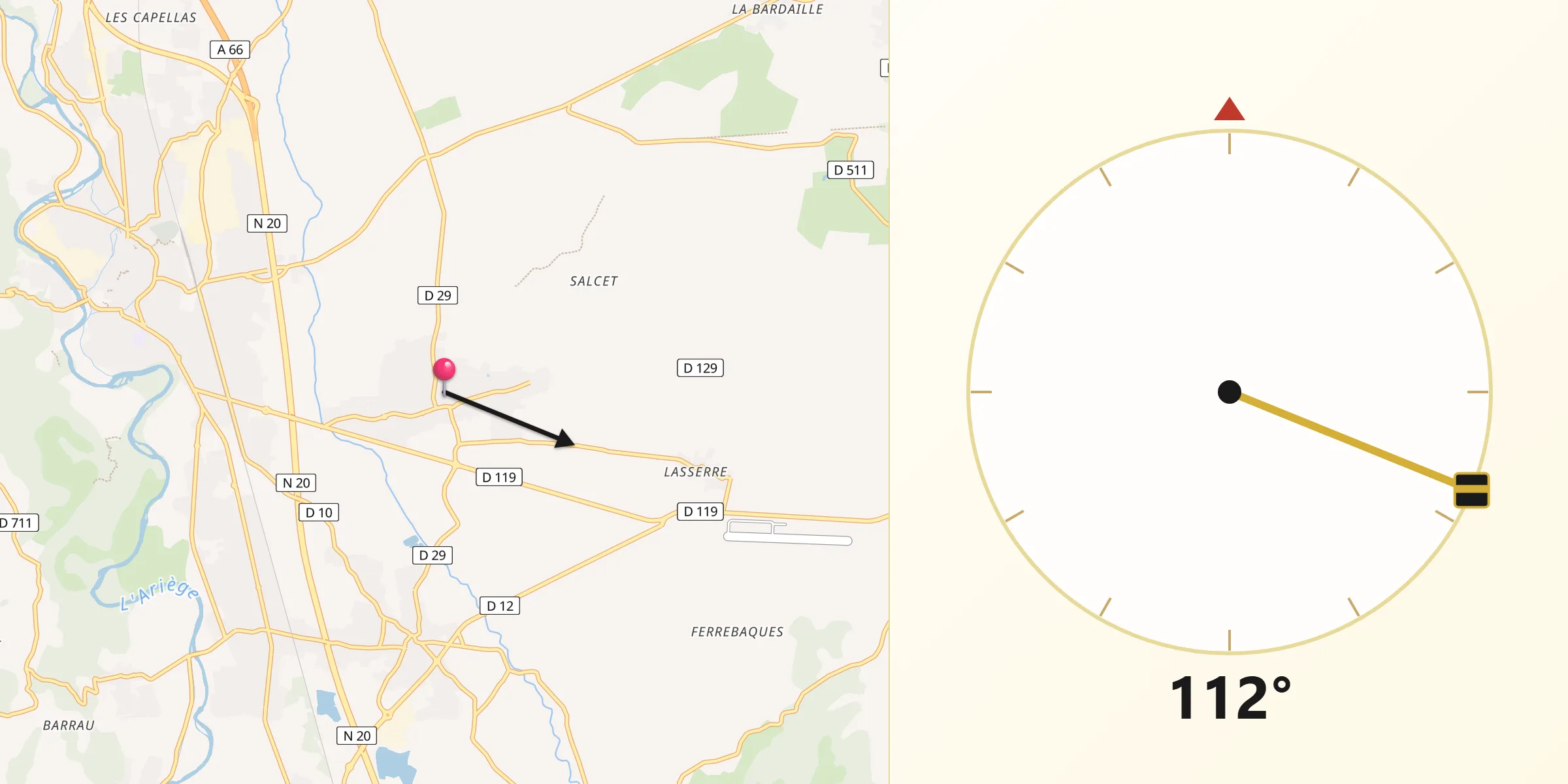 Direction vers la Qibla depuis La Tour-du-Crieu