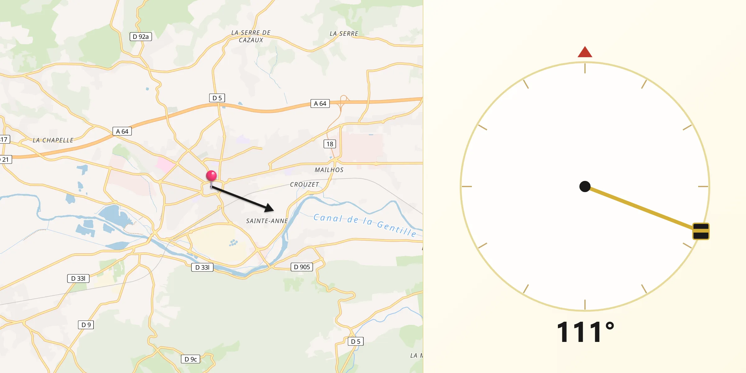 Direction vers la Qibla depuis Saint-Gaudens