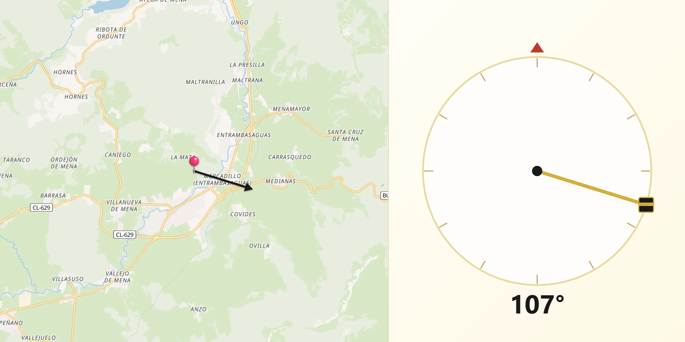 Dirección de la Qibla desde Valle de Mena