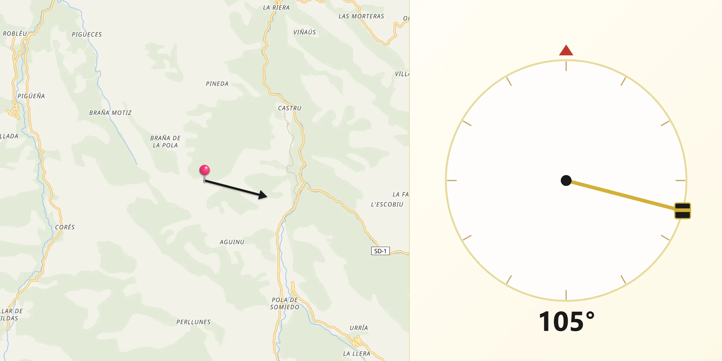 Dirección de la Qibla desde Somiedo