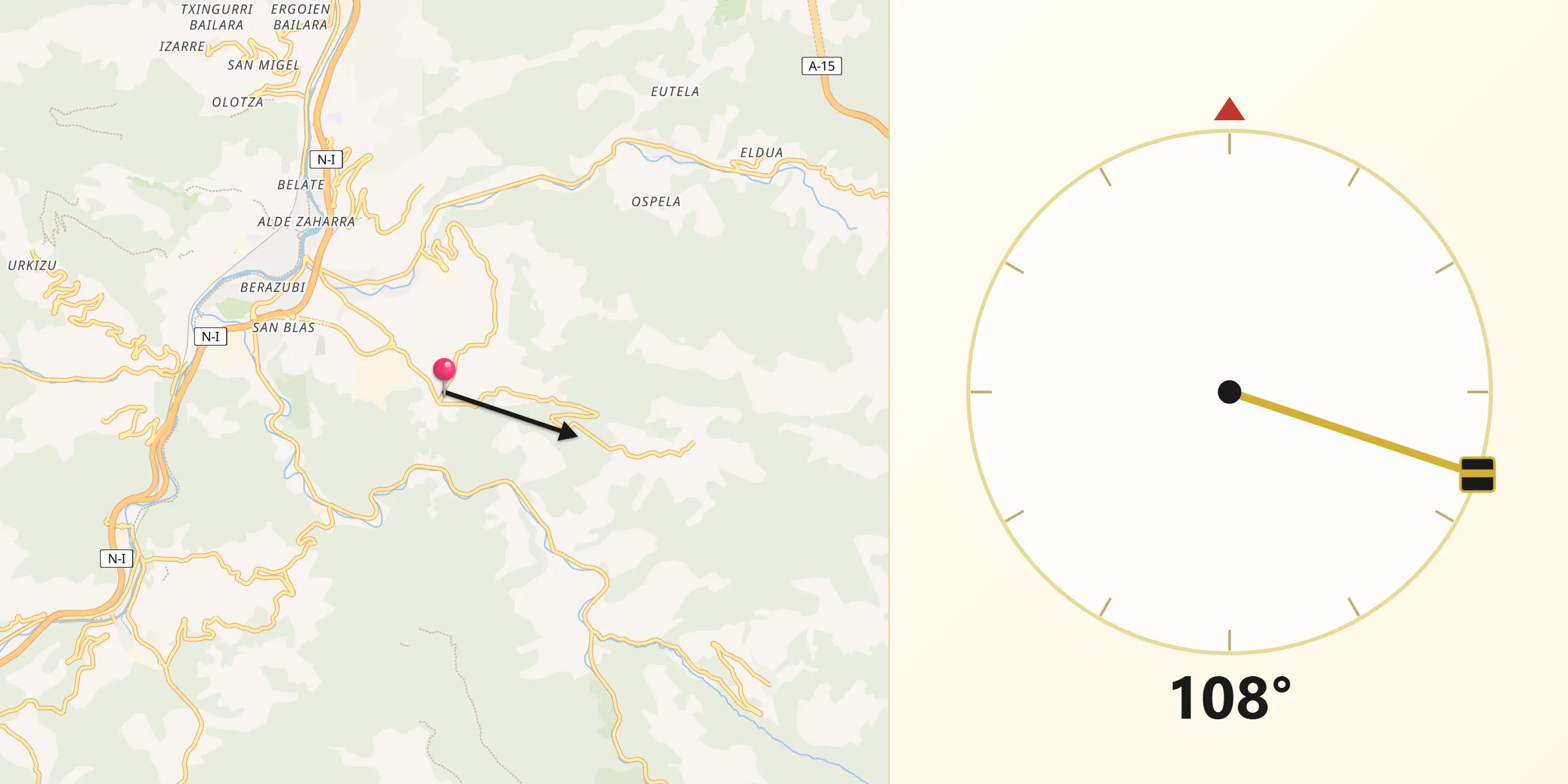 Dirección de la Qibla desde Leaburu