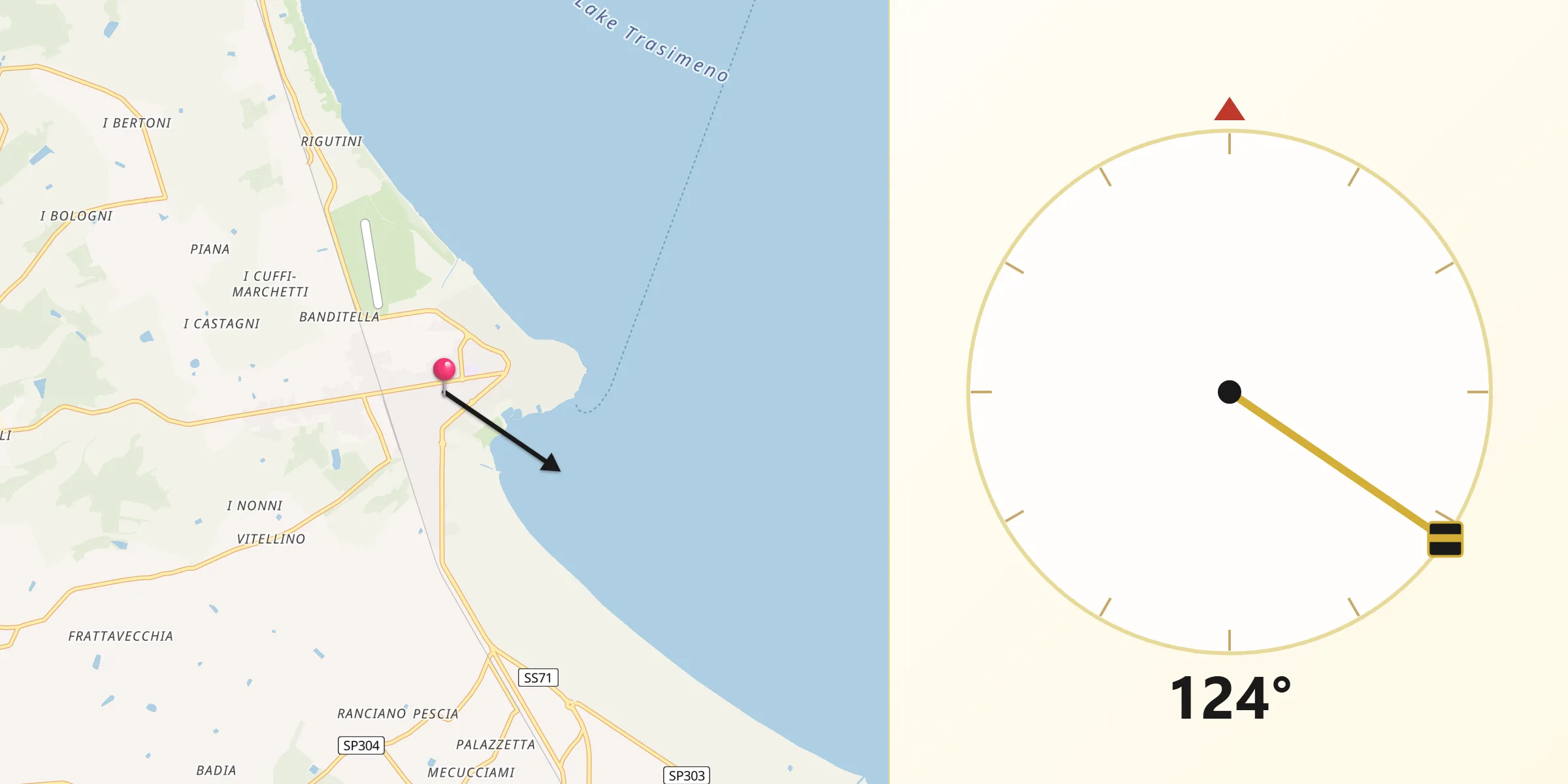 Direzione della Qibla da Castiglione del Lago