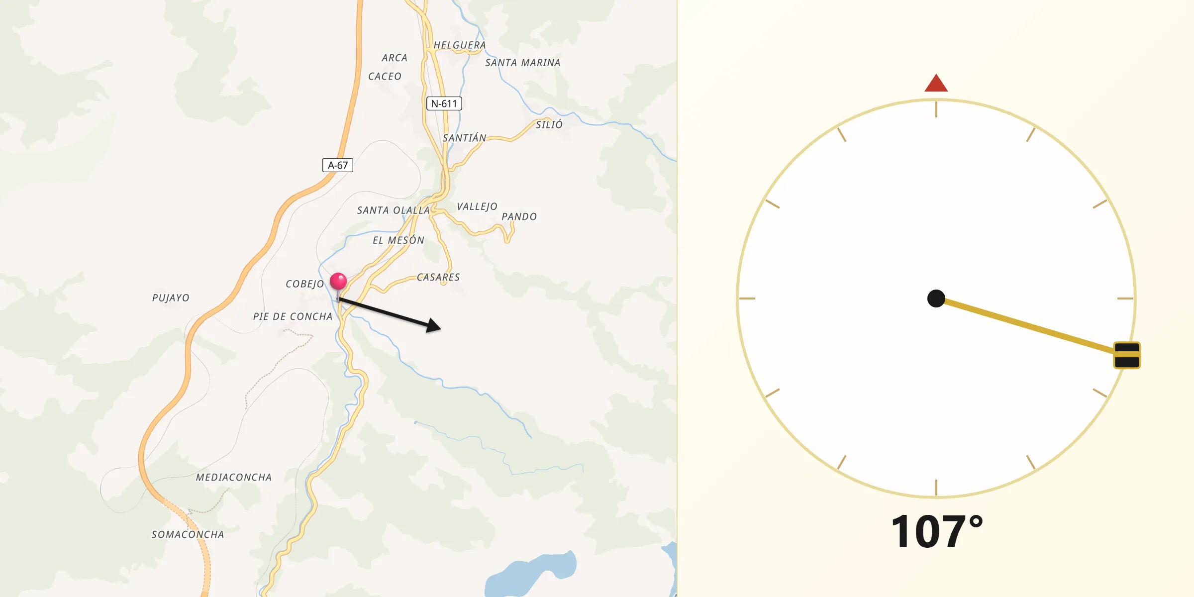 Dirección de la Qibla desde Bárcena de Pie de Concha