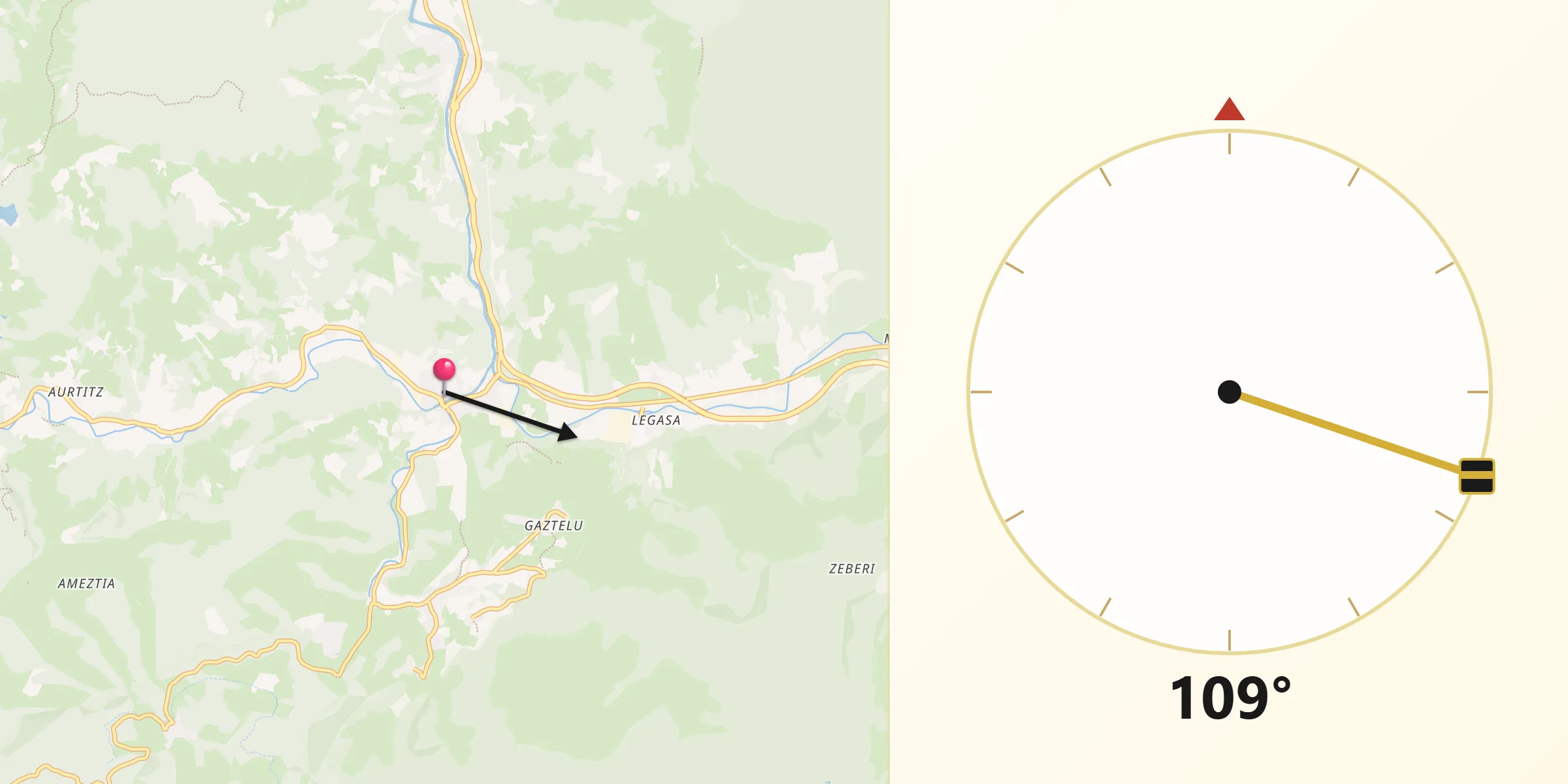 Dirección de la Qibla desde Doneztebe/Santesteban