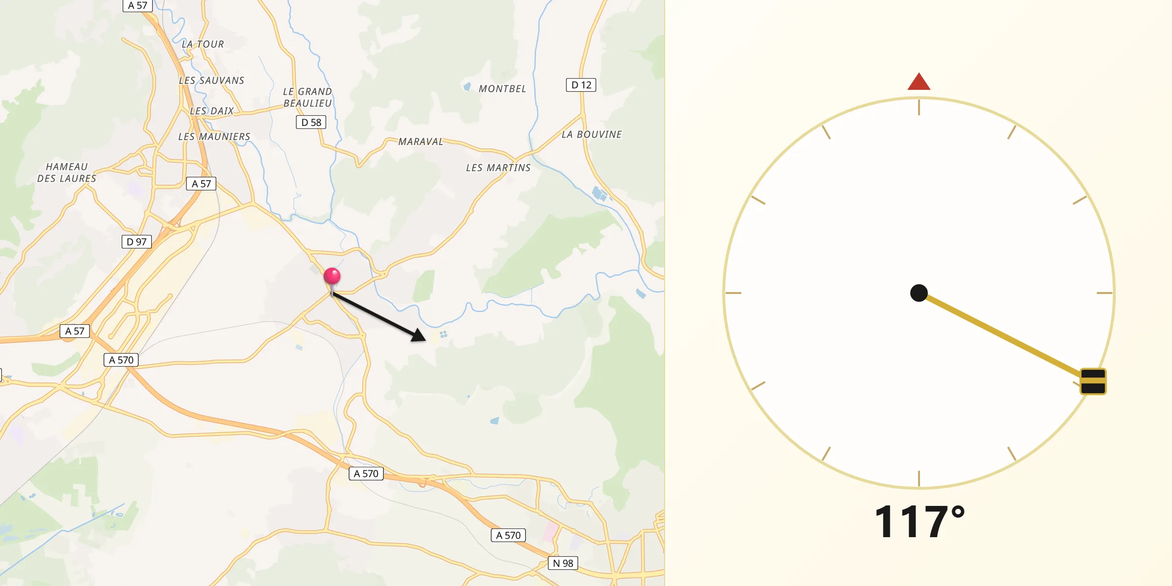 Direction vers la Qibla depuis La Crau