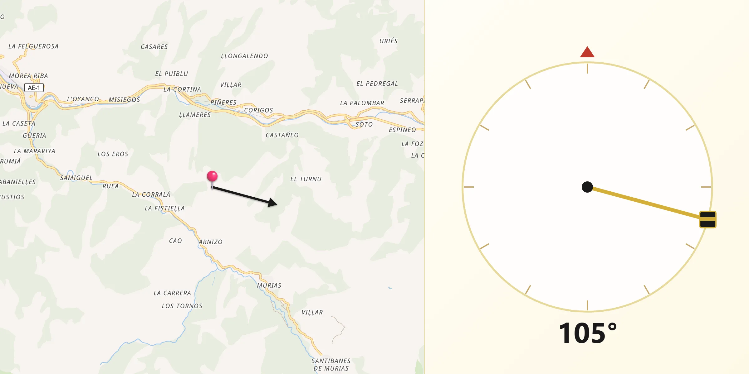 Dirección de la Qibla desde Aller