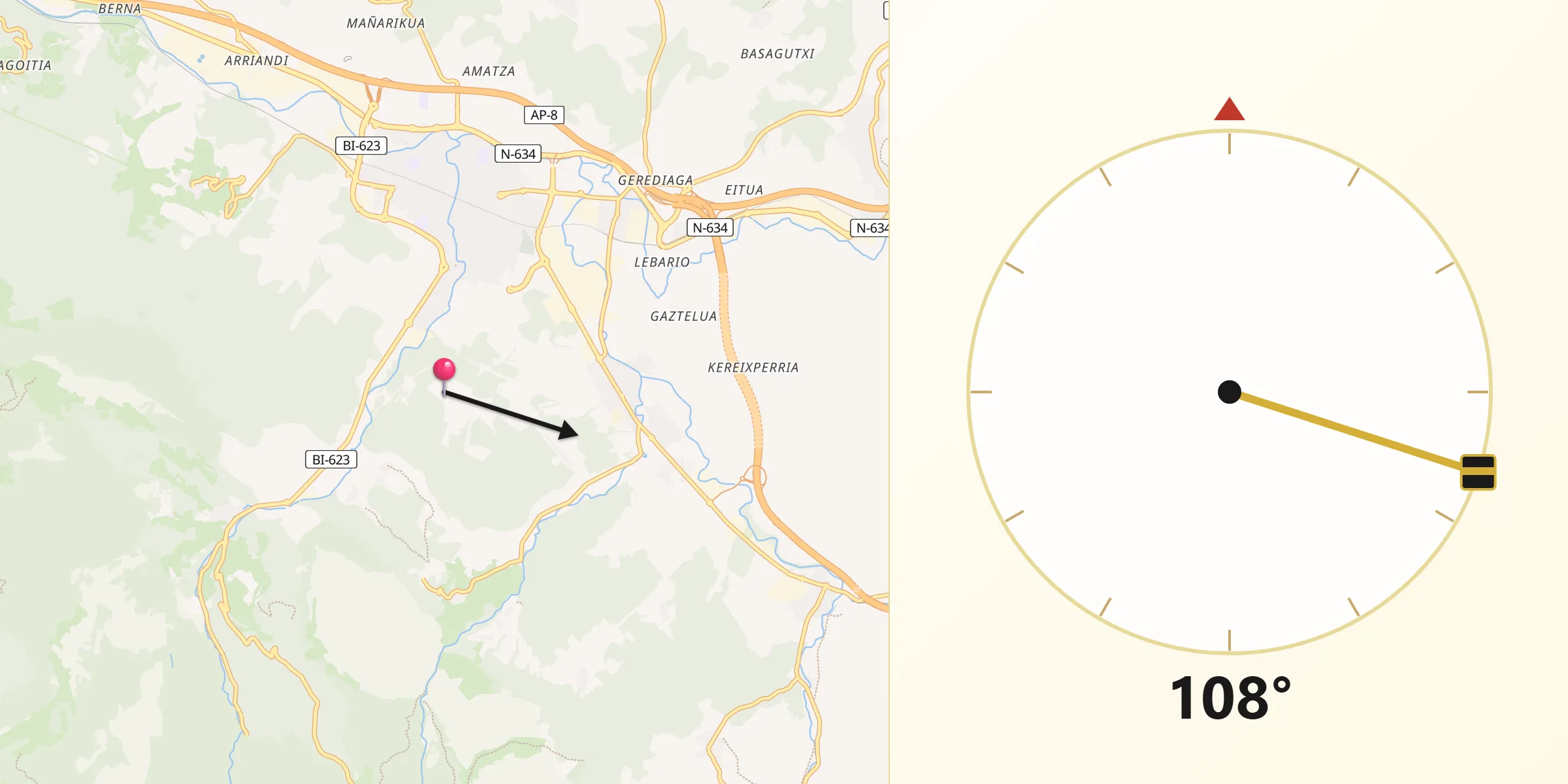 Dirección de la Qibla desde Izurtza