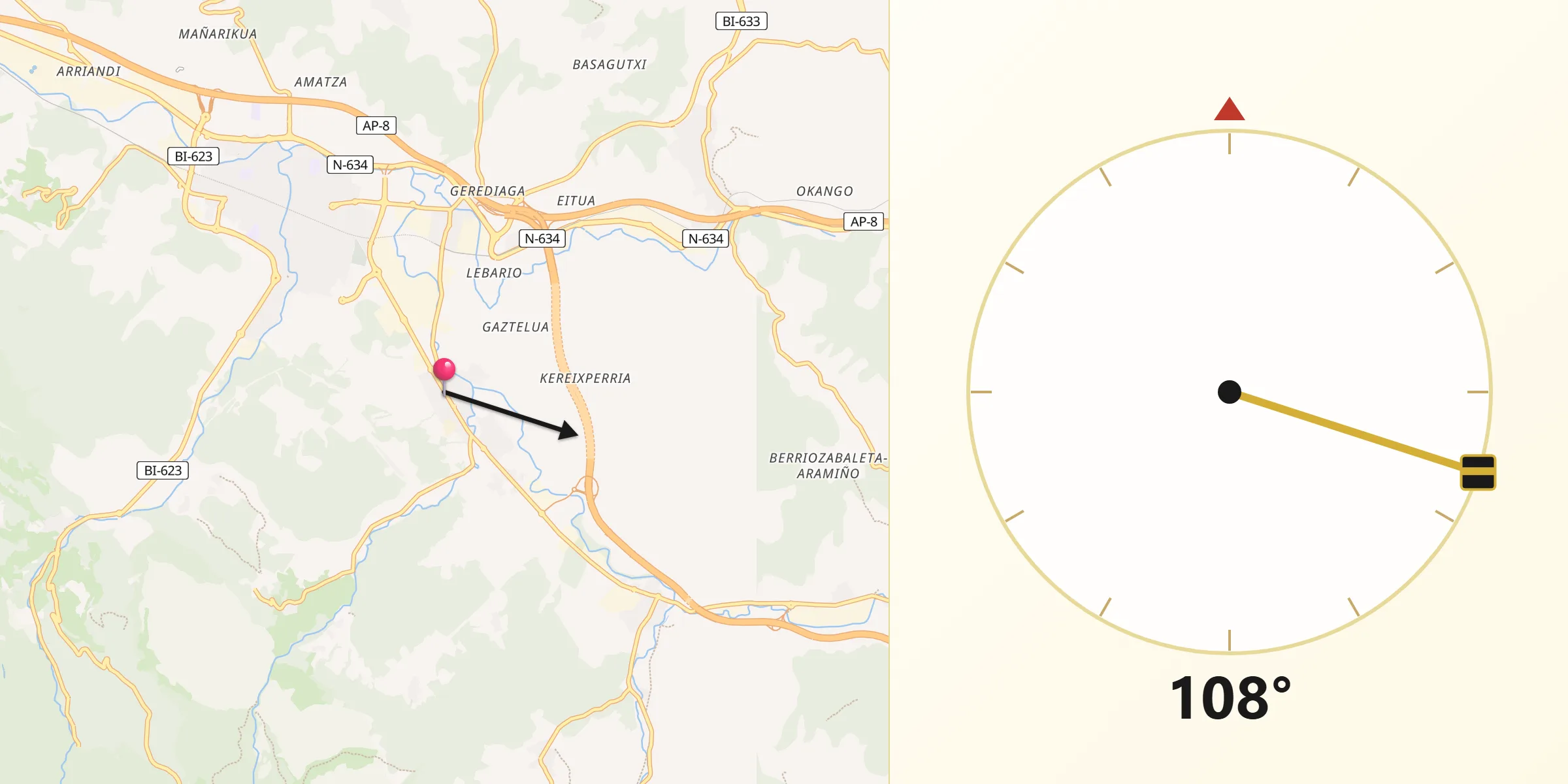Dirección de la Qibla desde Abadiño