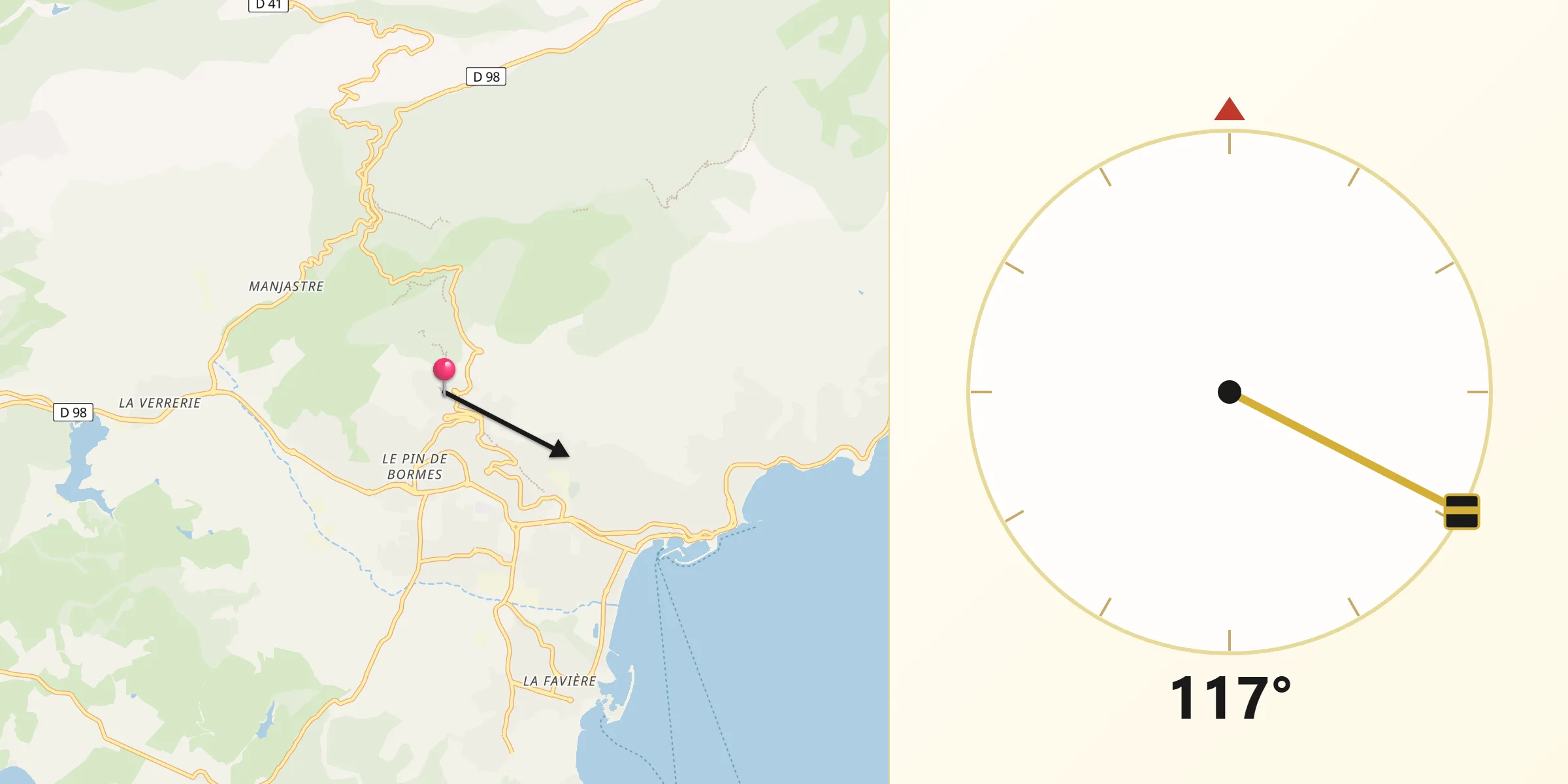 Direction vers la Qibla depuis Bormes-les-Mimosas