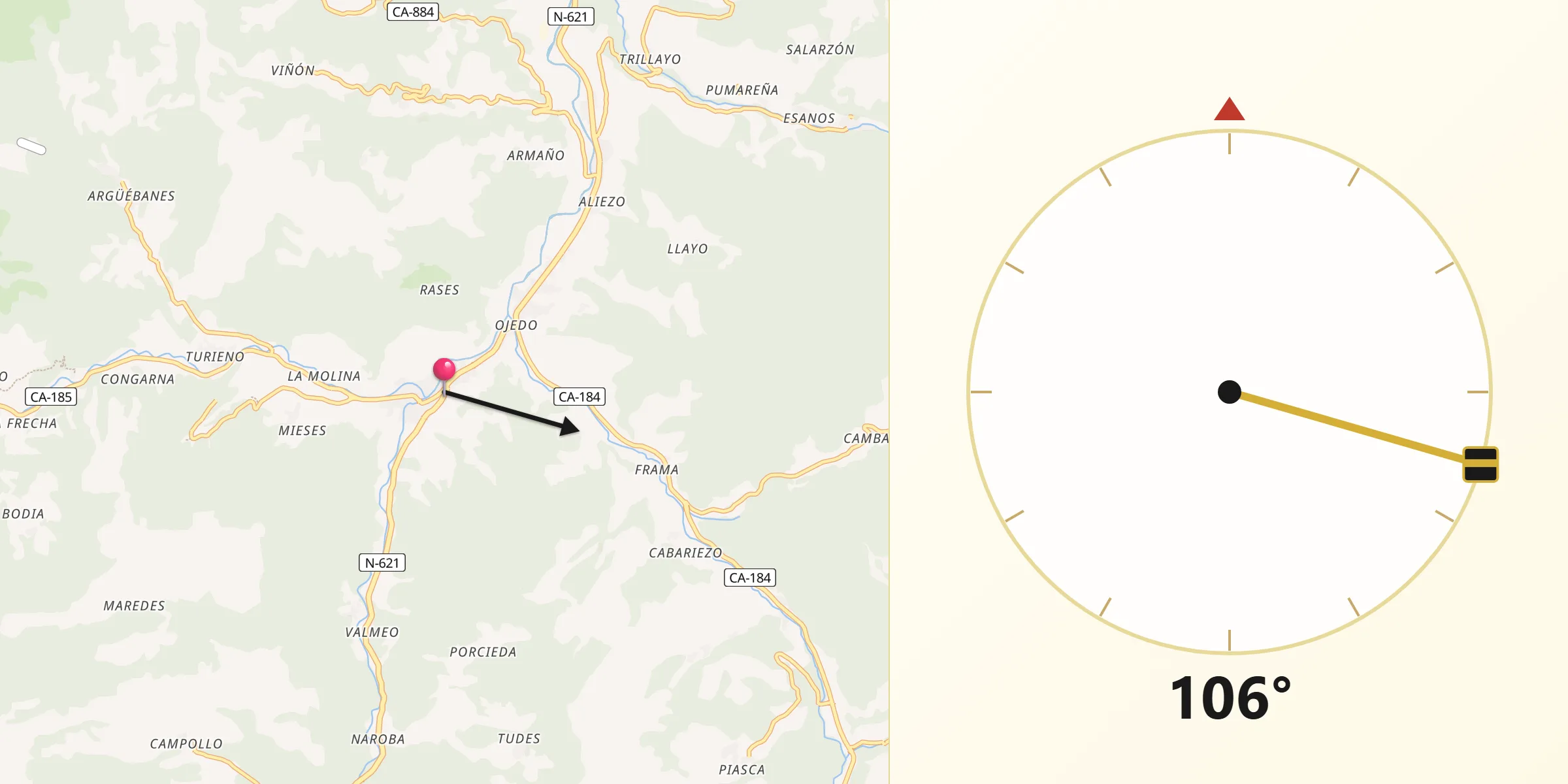 Dirección de la Qibla desde Potes
