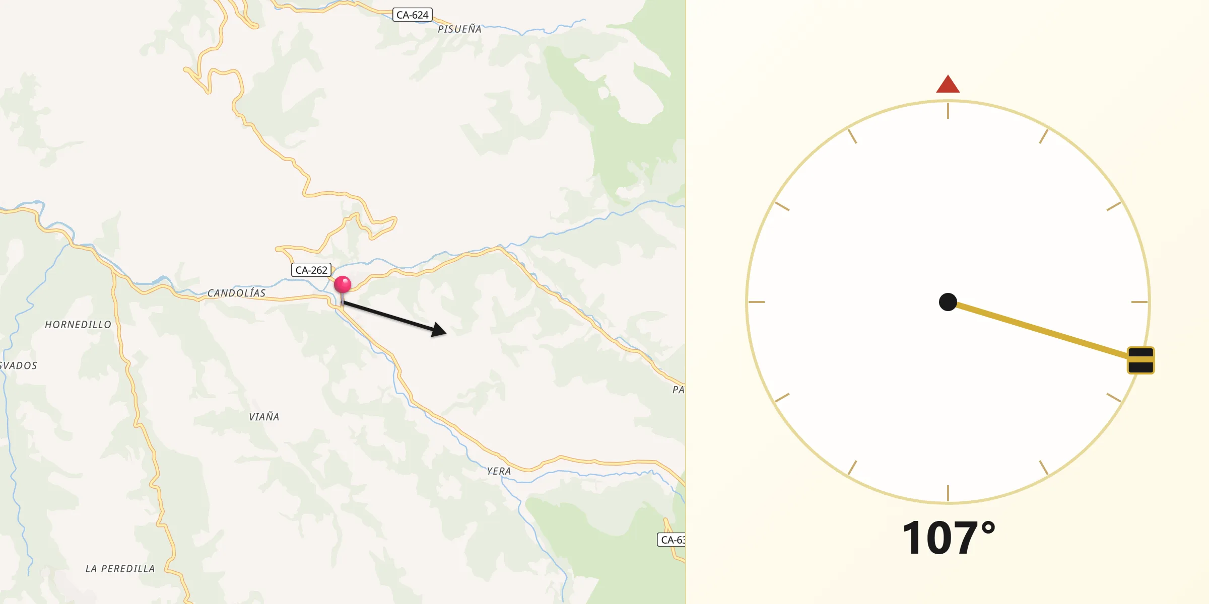 Dirección de la Qibla desde Vega de Pas