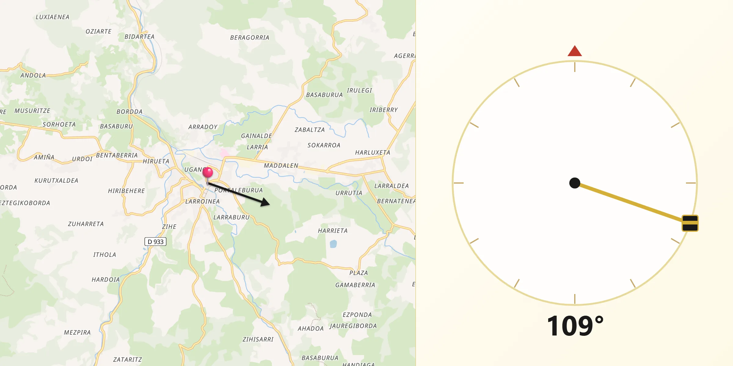Direction vers la Qibla depuis Saint-Jean-Pied-de-Port