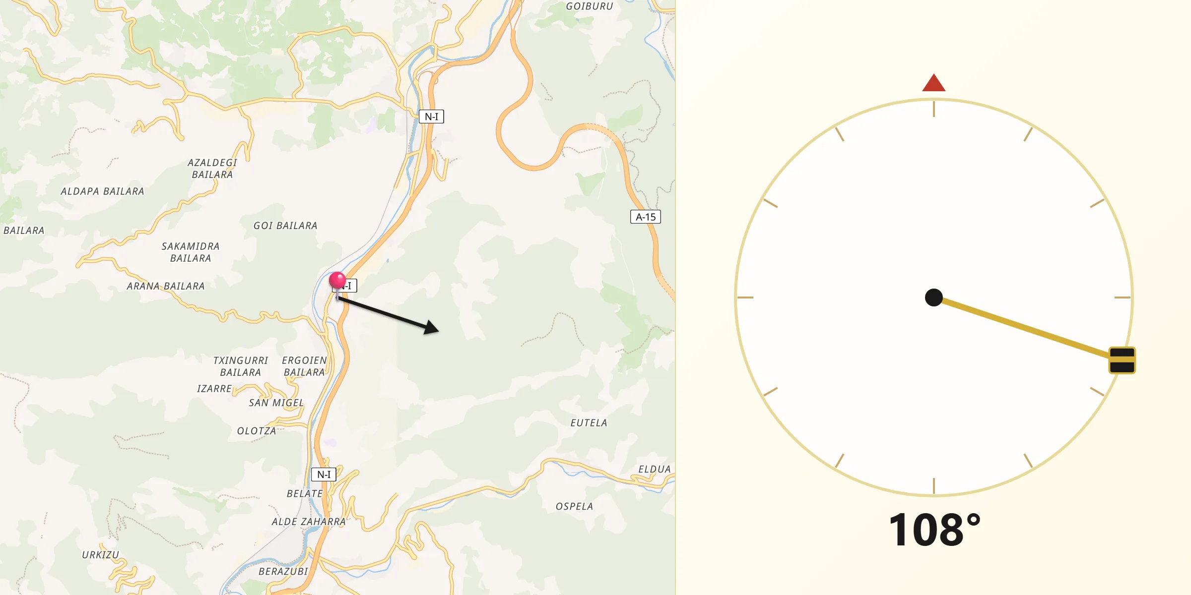 Dirección de la Qibla desde Irura