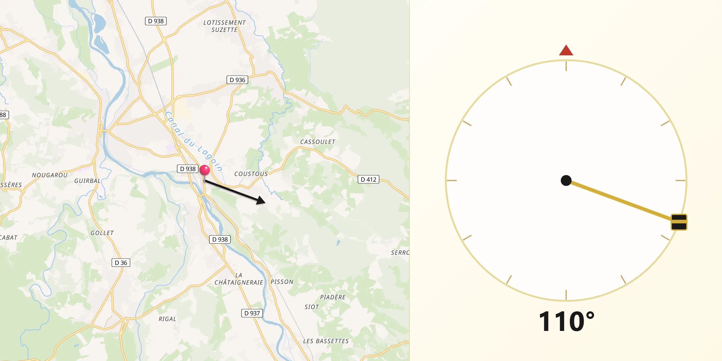Direction vers la Qibla depuis Coarraze