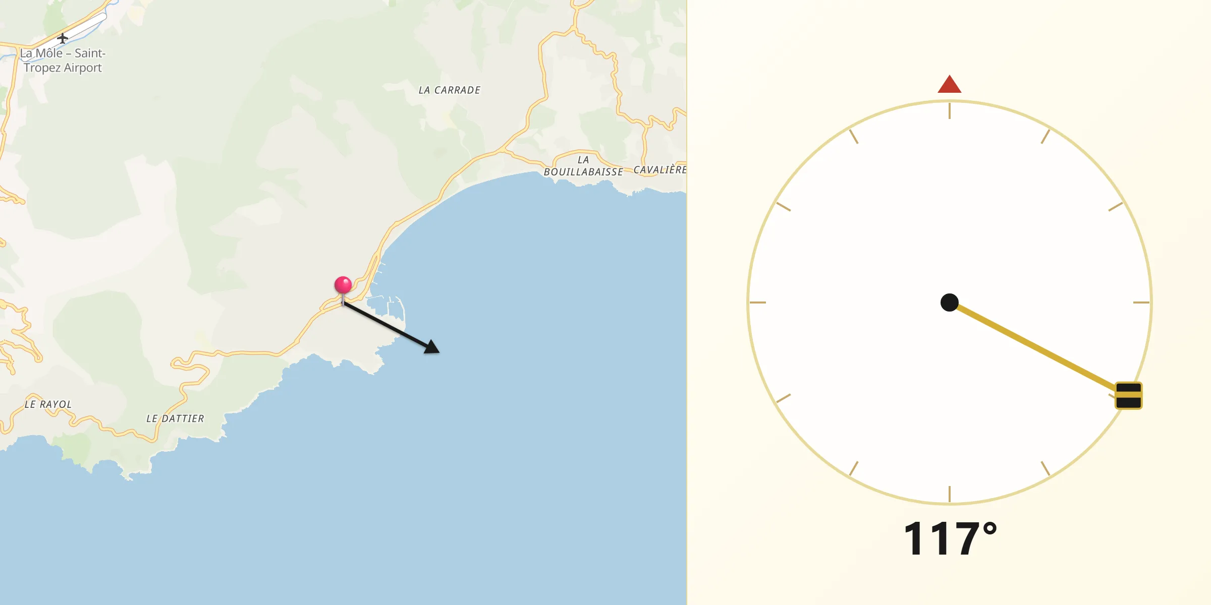 Direction vers la Qibla depuis Cavalaire-sur-Mer