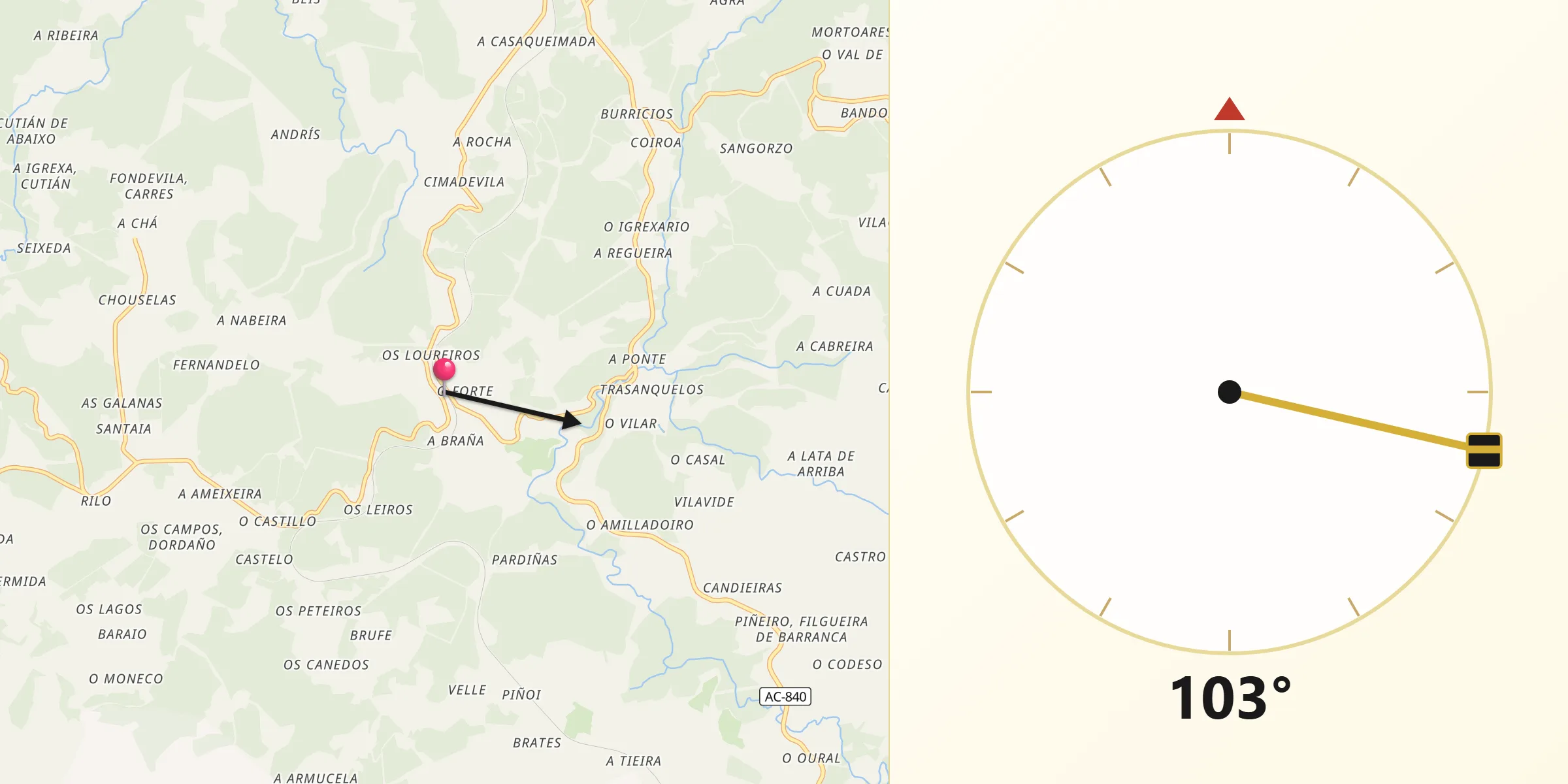 Dirección de la Qibla desde Cesuras