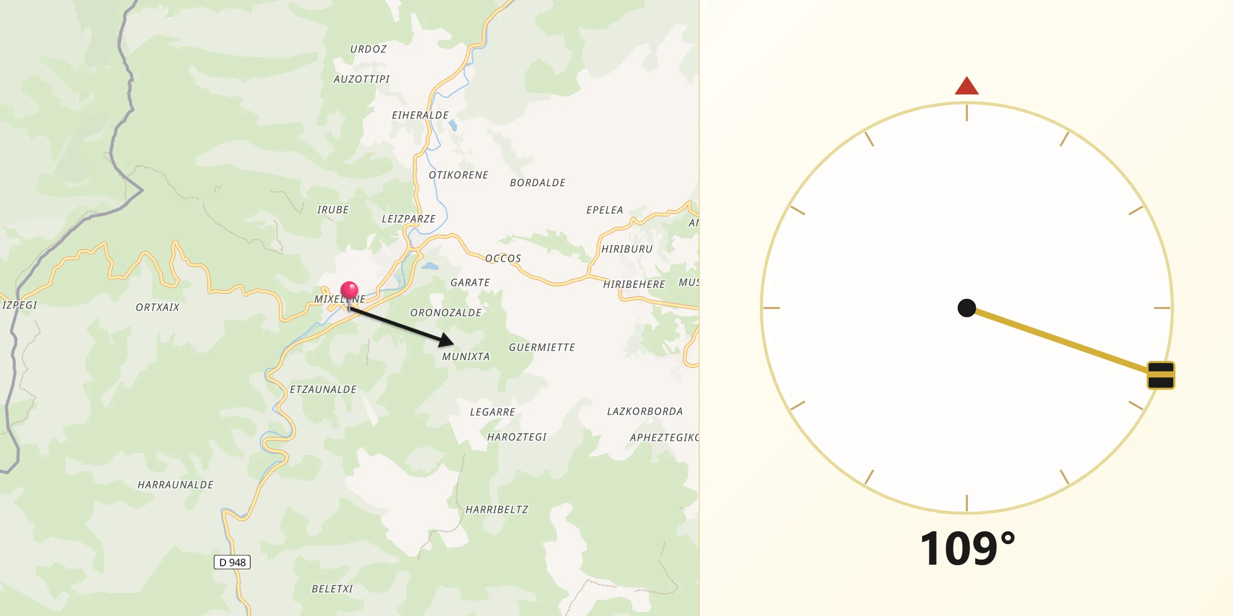 Direction vers la Qibla depuis Saint-Étienne-de-Baïgorry