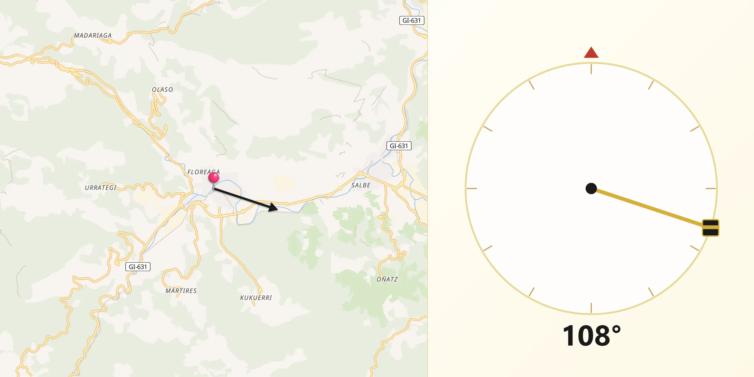 Dirección de la Qibla desde Azkoitia