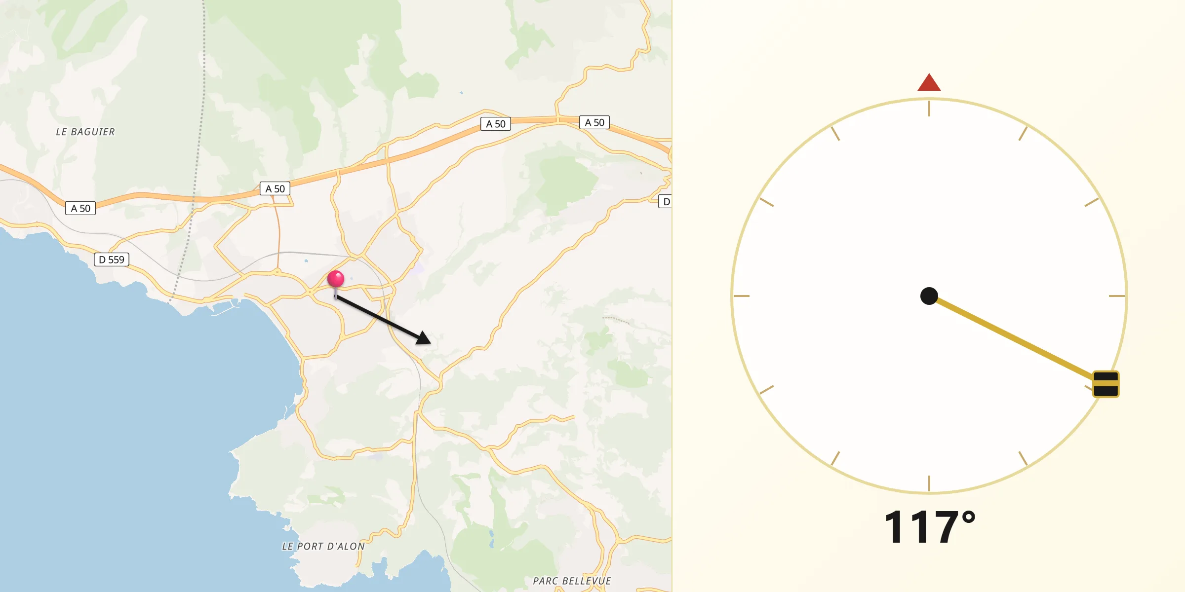 Direction vers la Qibla depuis Saint-Cyr-sur-Mer