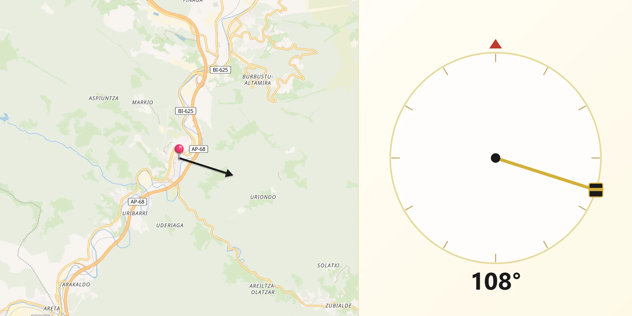 Dirección de la Qibla desde Ugao-Miraballes