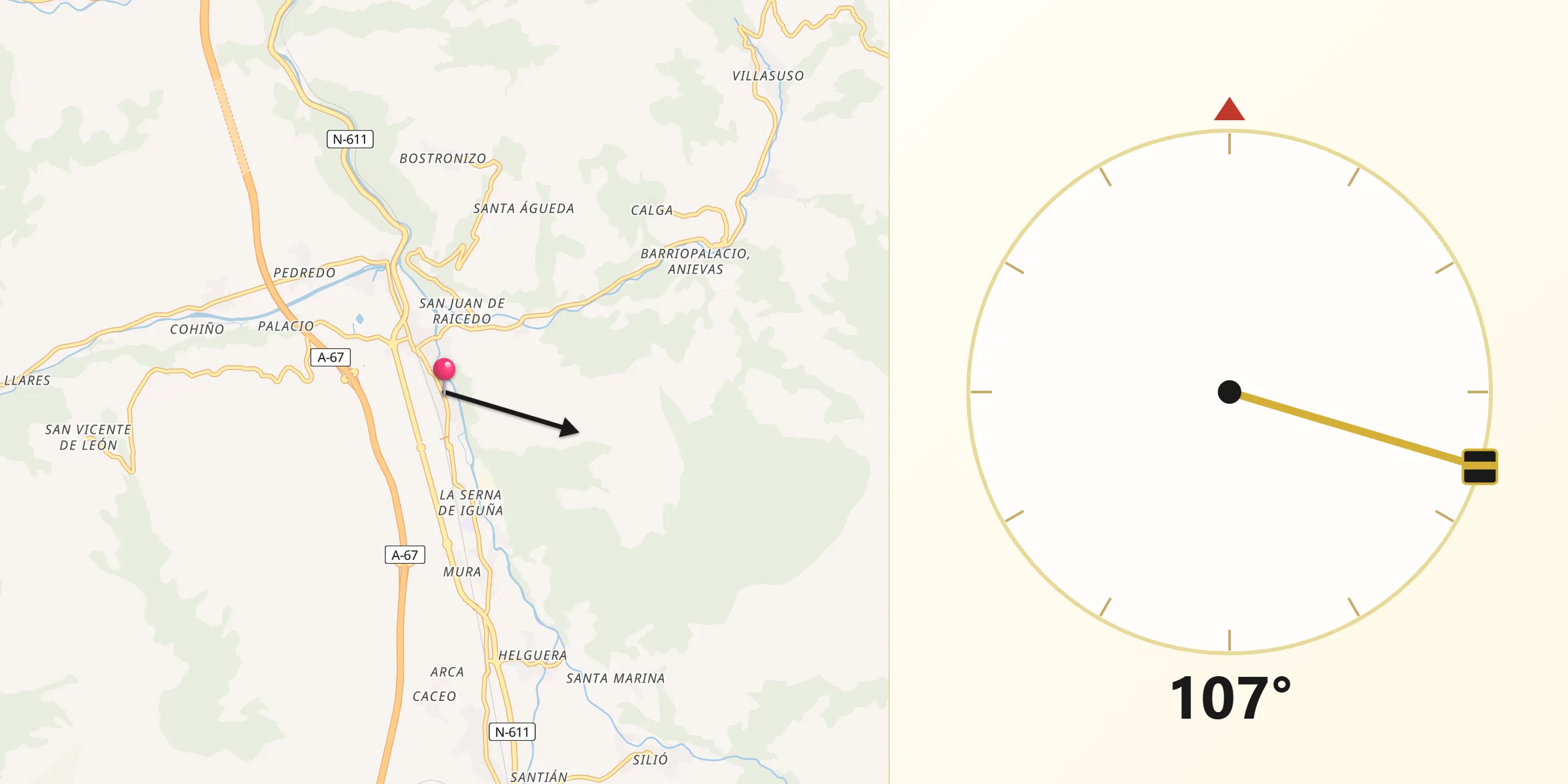 Dirección de la Qibla desde Arenas de Iguña
