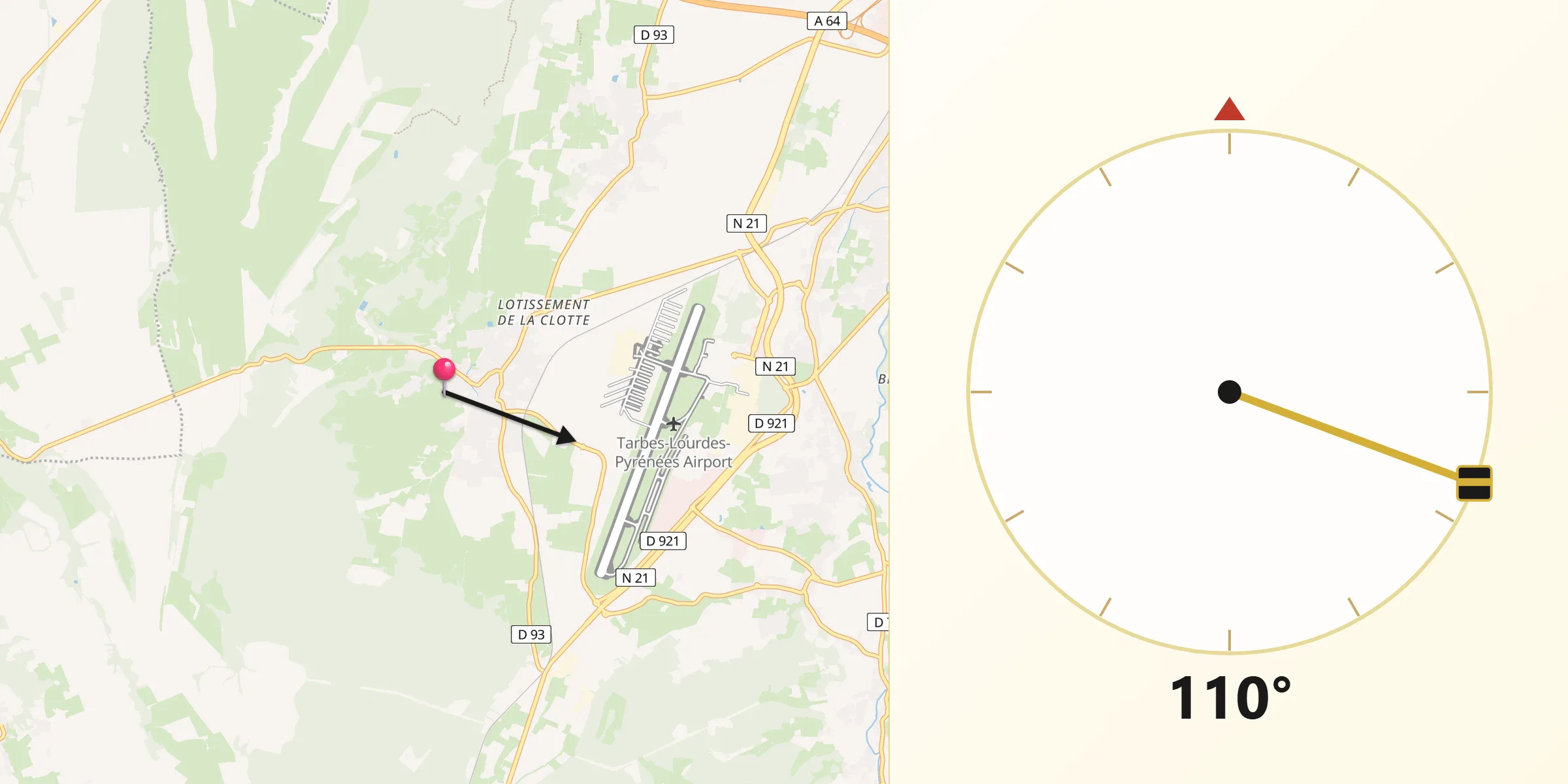 Direction vers la Qibla depuis Ossun