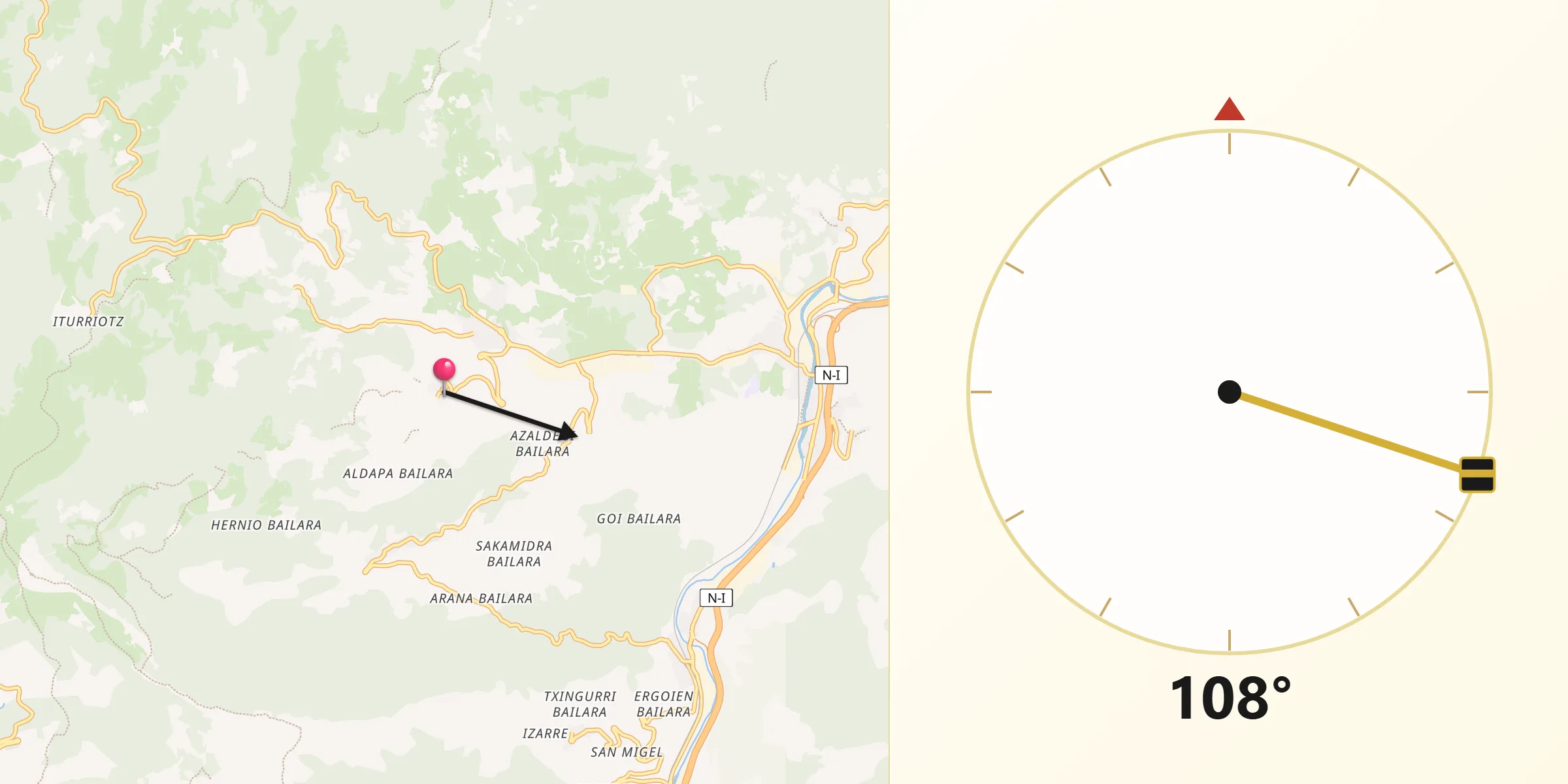 Dirección de la Qibla desde Larraul